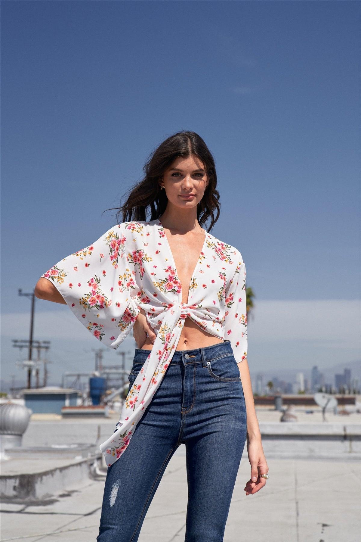 White Floral Print Plunge Neck Self-Tie Front Wide Sleeve With Slit Cropped Top