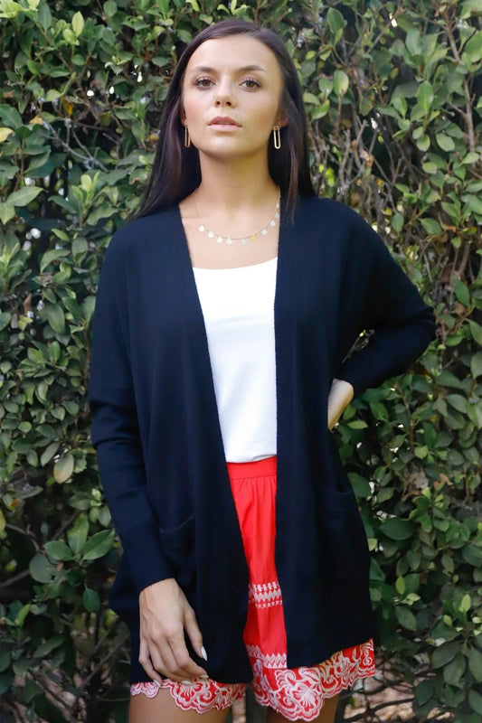 Black Knit Open Front Long Sleeve Cardigan /3-3 - Tasha Apparel Wholesale