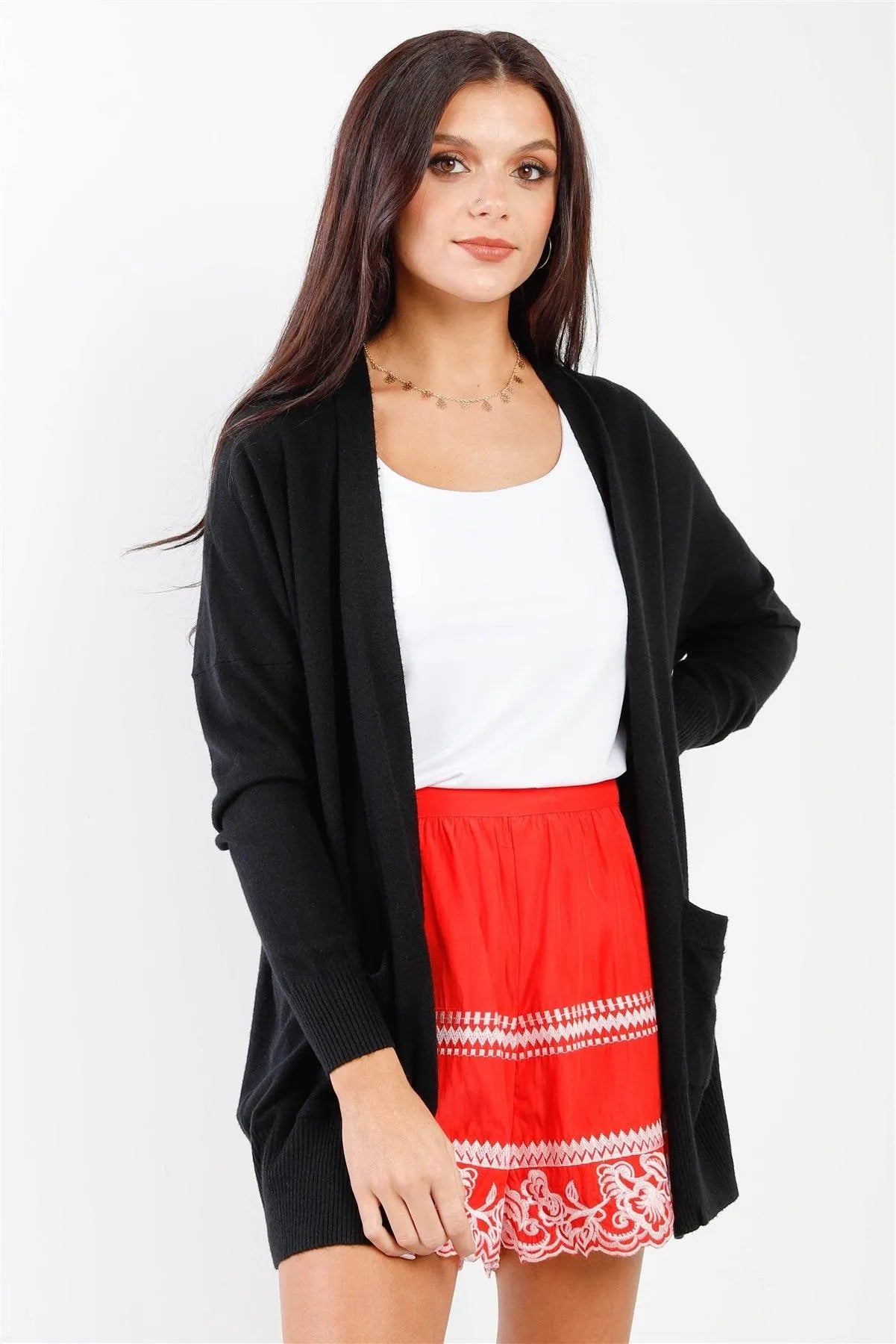 Black Knit Open Front Long Sleeve Cardigan /3-3 - Tasha Apparel Wholesale