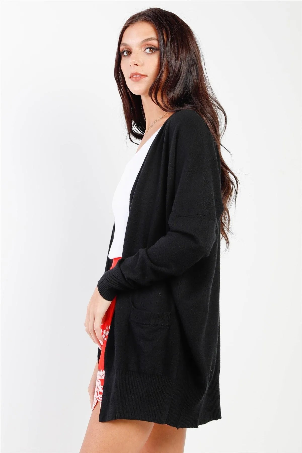 Black Knit Open Front Long Sleeve Cardigan /3-3 - Tasha Apparel Wholesale