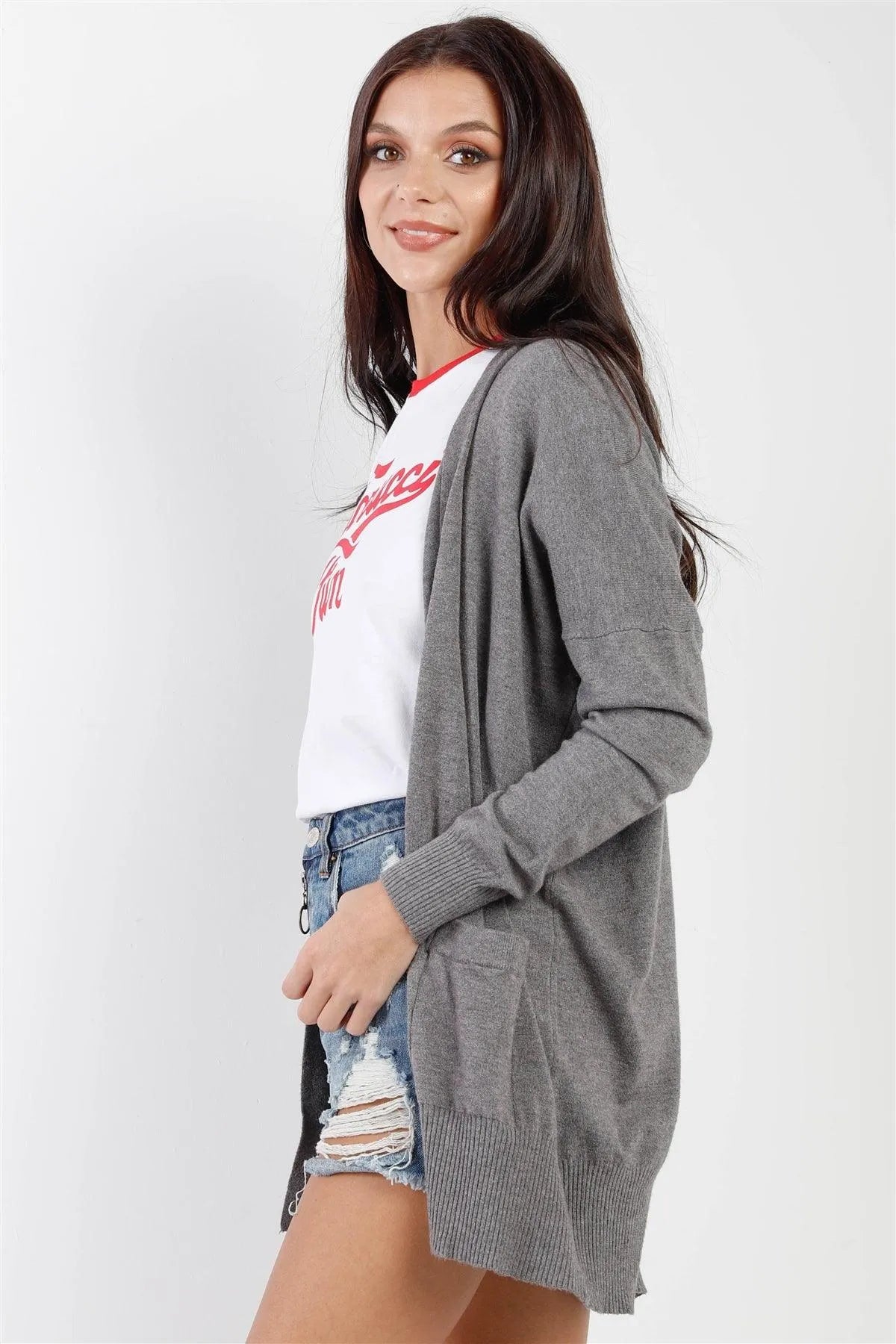Charcoal Knit Open Front Long Sleeve Cardigan /3-3 - Tasha Apparel Wholesale