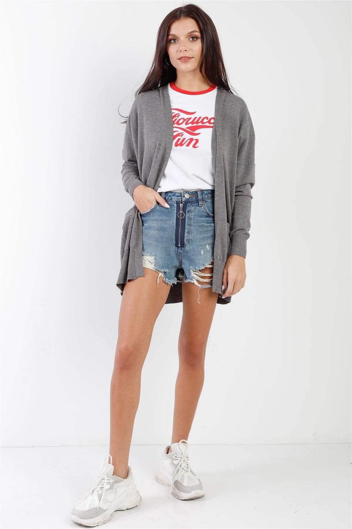 Charcoal Knit Open Front Long Sleeve Cardigan /3-3 - Tasha Apparel Wholesale
