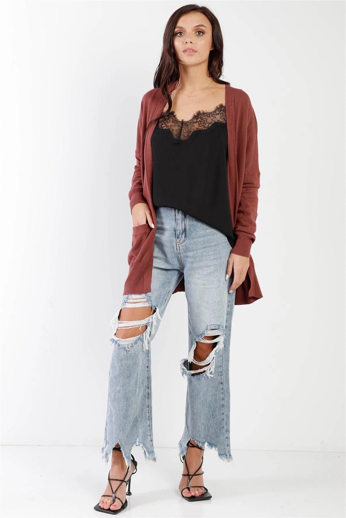 Dust Plum Knit Open Front Long Sleeve Cardigan /4-3 - Tasha Apparel Wholesale