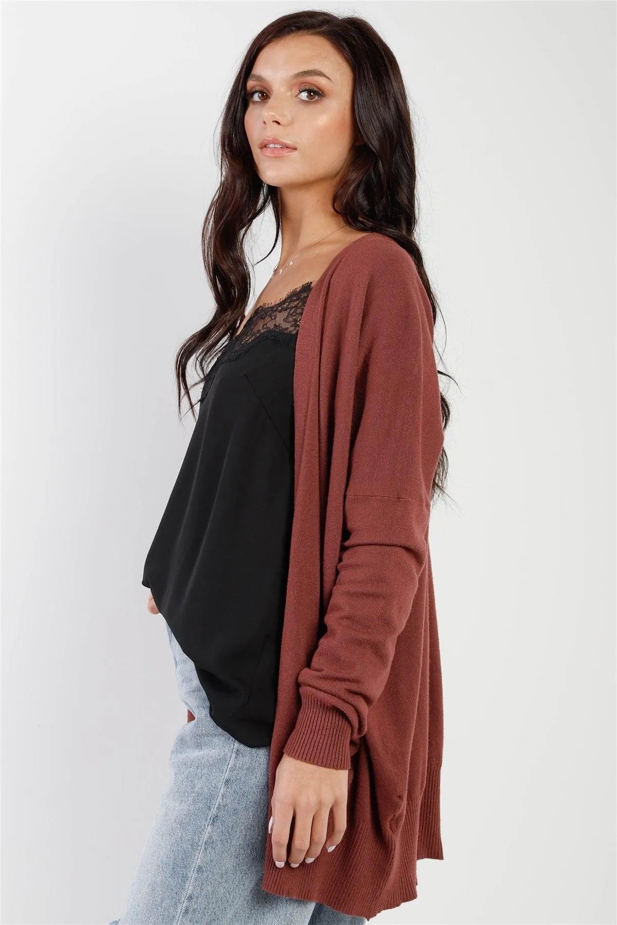 Dust Plum Knit Open Front Long Sleeve Cardigan /4-3 - Tasha Apparel Wholesale