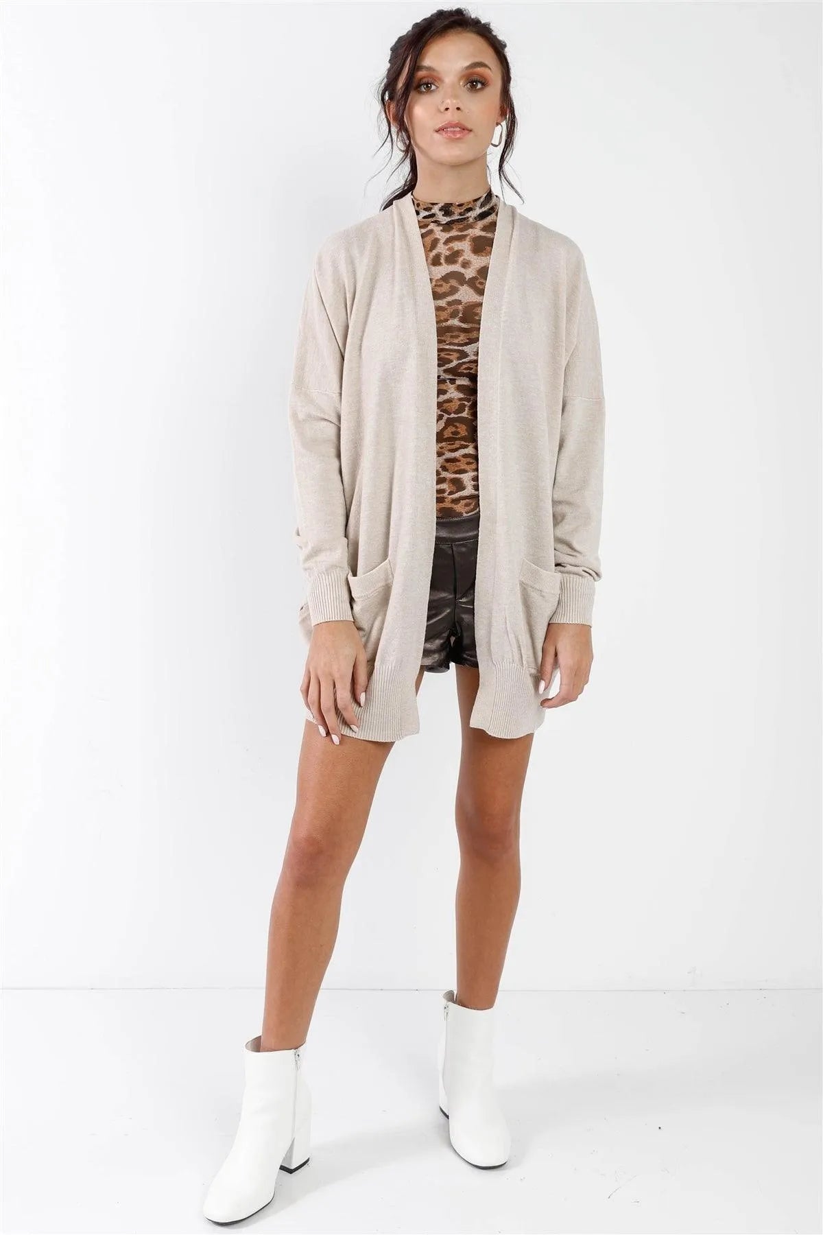 Oatmeal Knit Open Front Long Sleeve Cardigan /3-3 - Tasha Apparel Wholesale