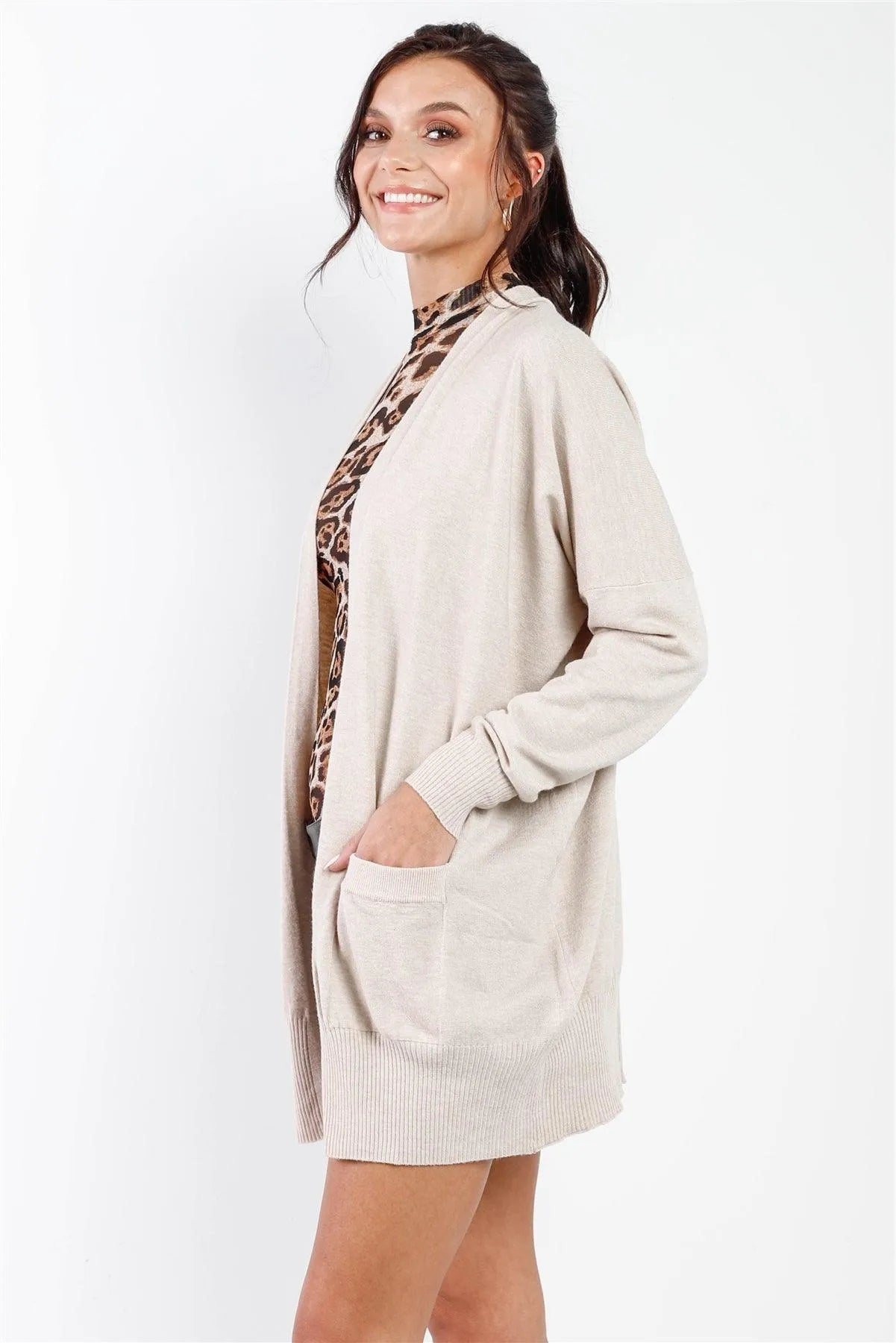 Oatmeal Knit Open Front Long Sleeve Cardigan /3-3 - Tasha Apparel Wholesale