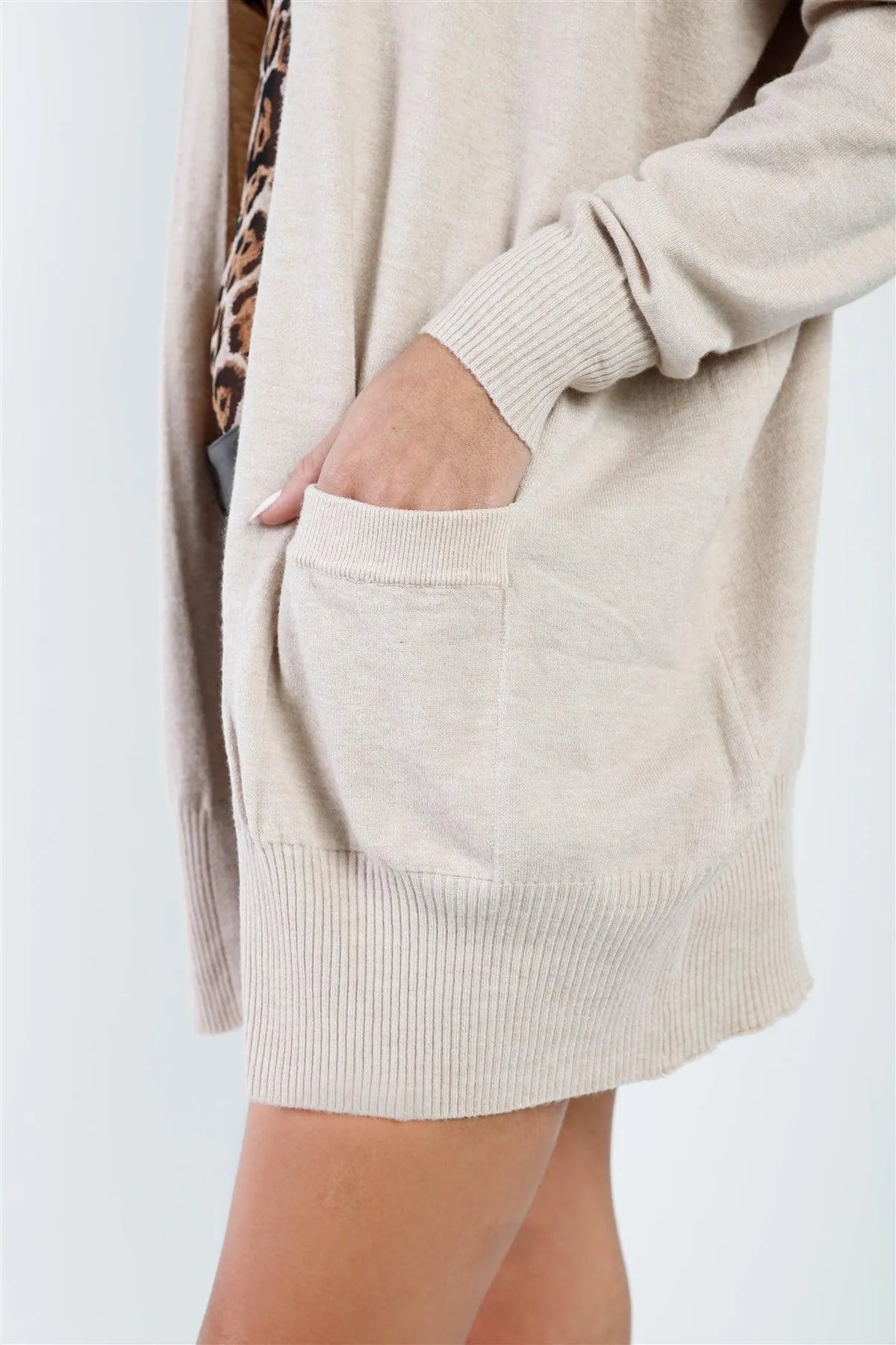 Oatmeal Knit Open Front Long Sleeve Cardigan /3-3 - Tasha Apparel Wholesale