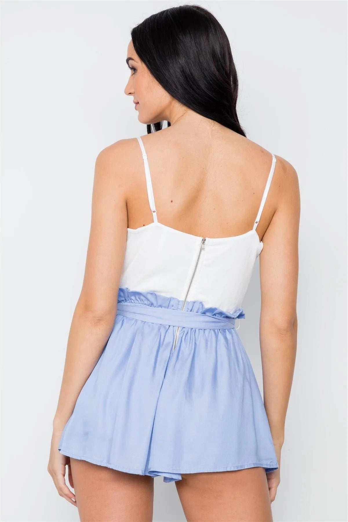 White Blue Combo Cami Ruffle Romper /3-2-1 - Tasha Apparel Wholesale