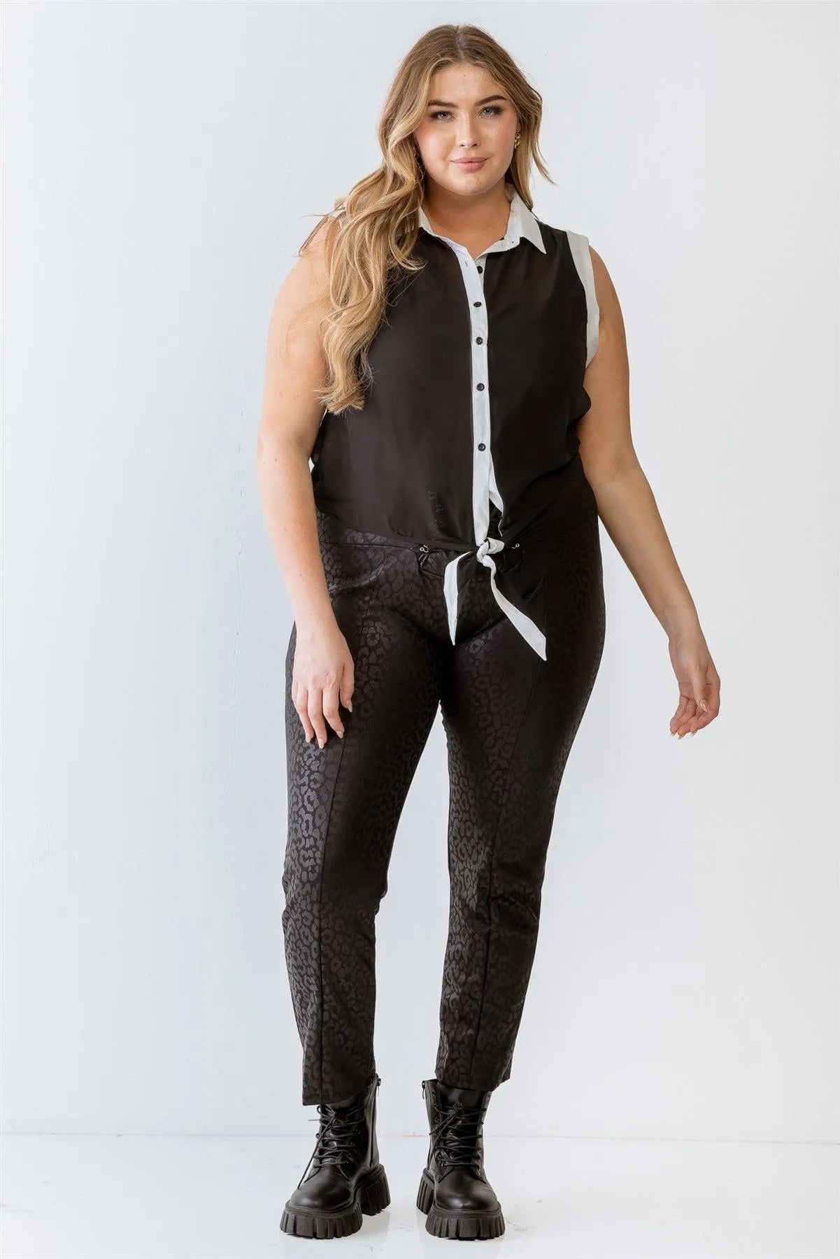 Black & White Sheer Buttoned Down Sleeveless Front Knot Top /2-2-2 - Tasha Apparel Wholesale