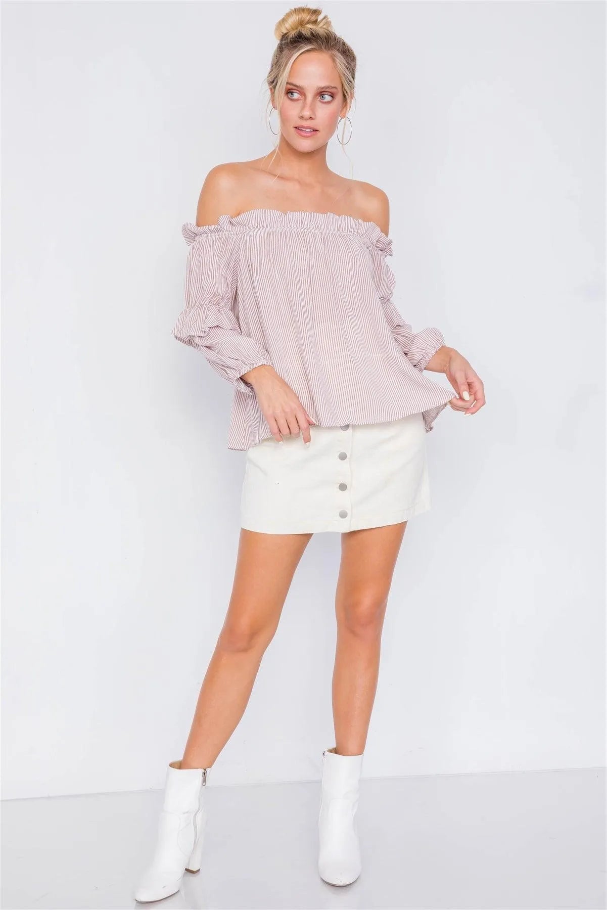 Mauve & White Stripe Off-The-Shoulder Layered Ruffle Trim Top /3-2-1 - Tasha Apparel Wholesale