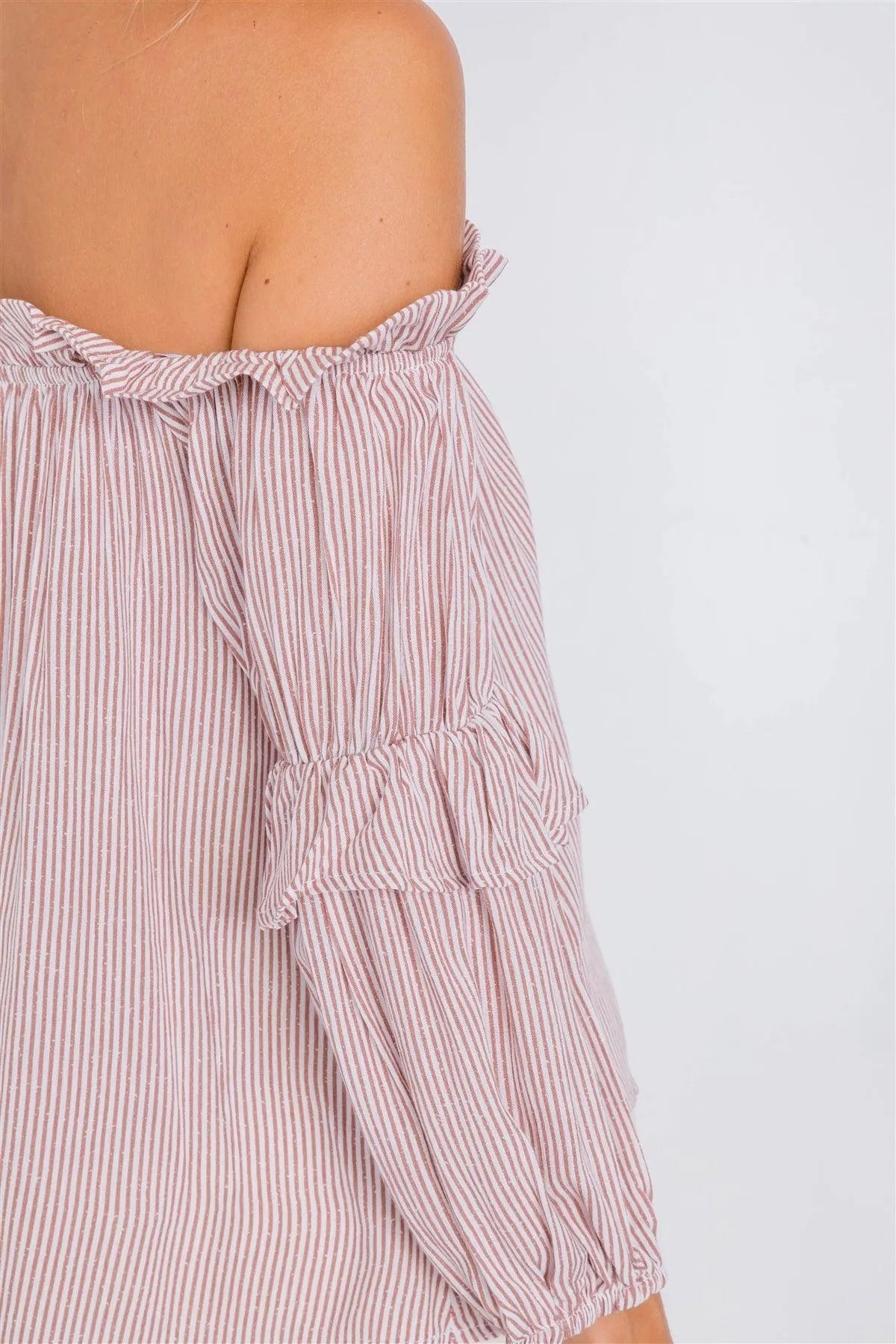 Mauve & White Stripe Off-The-Shoulder Layered Ruffle Trim Top /3-2-1 - Tasha Apparel Wholesale