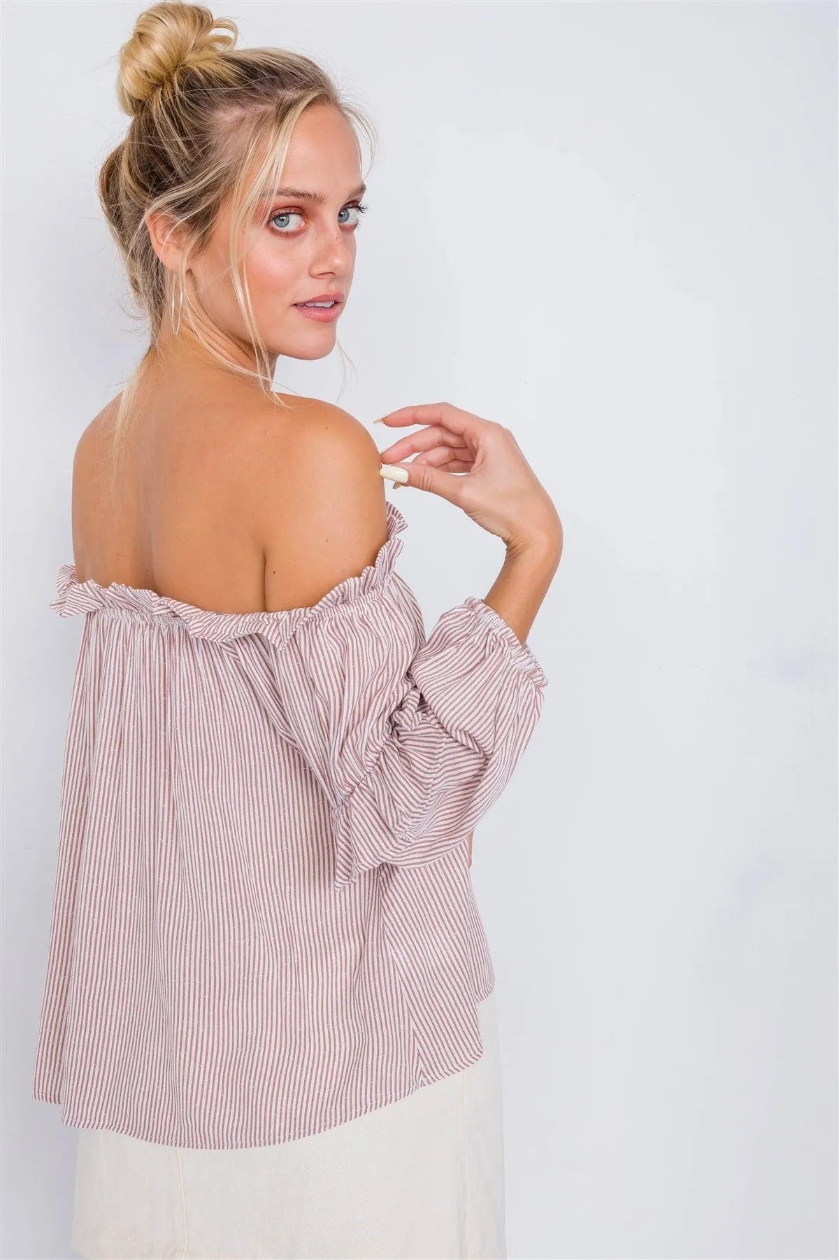 Mauve & White Stripe Off-The-Shoulder Layered Ruffle Trim Top /3-2-1 - Tasha Apparel Wholesale