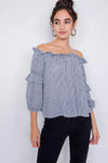 Navy & White Stripe Off-The-Shoulder Layered Ruffle Trim Top /3-2-1 - Tasha Apparel Wholesale