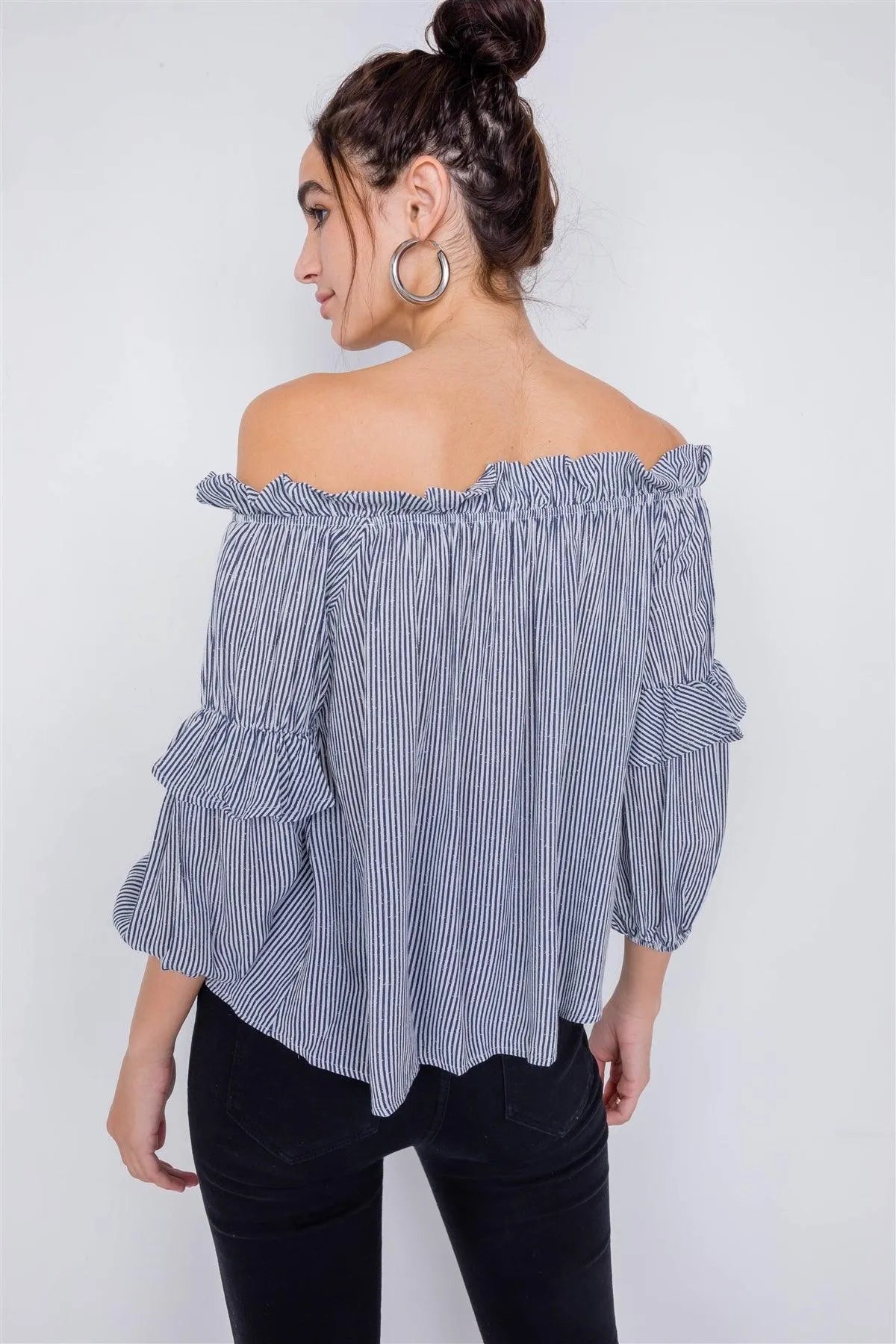 Navy & White Stripe Off-The-Shoulder Layered Ruffle Trim Top /3-2-1 - Tasha Apparel Wholesale