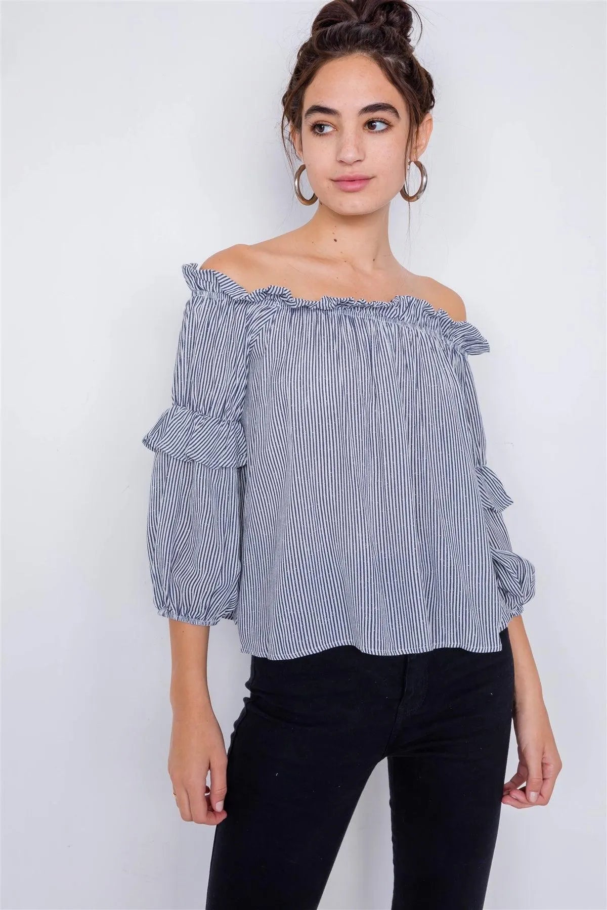 Navy & White Stripe Off-The-Shoulder Layered Ruffle Trim Top /3-2-2 - Tasha Apparel Wholesale