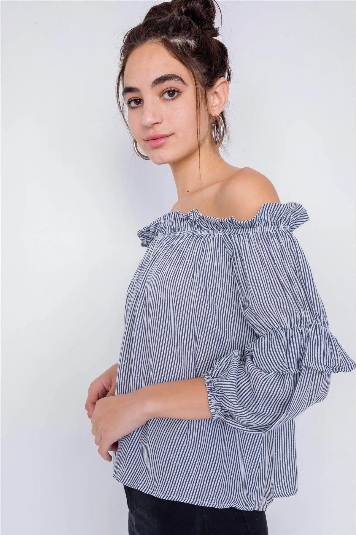 Navy & White Stripe Off-The-Shoulder Layered Ruffle Trim Top /3-2-2 - Tasha Apparel Wholesale