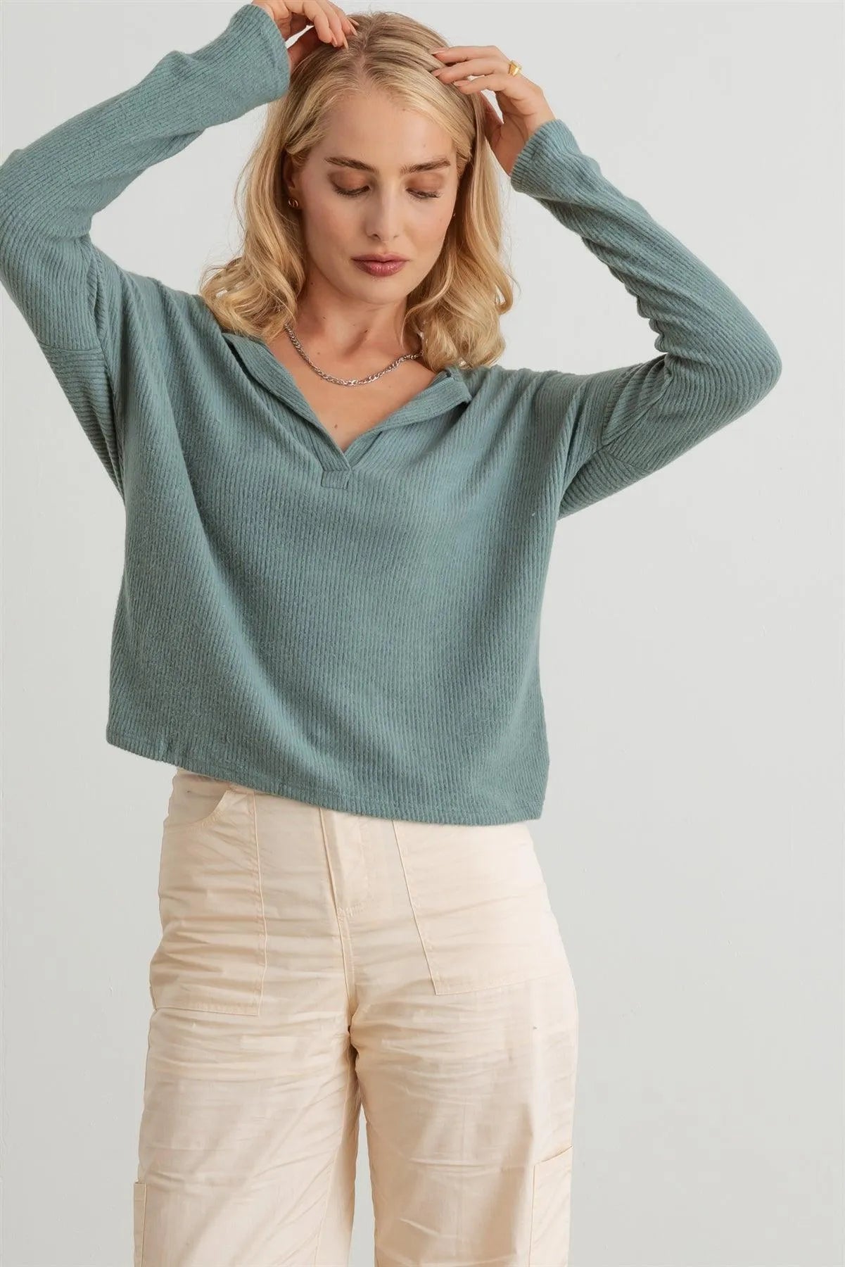 Ribbed Collar Neck Long Sleeve Top - Tasha Apparel Wholesale