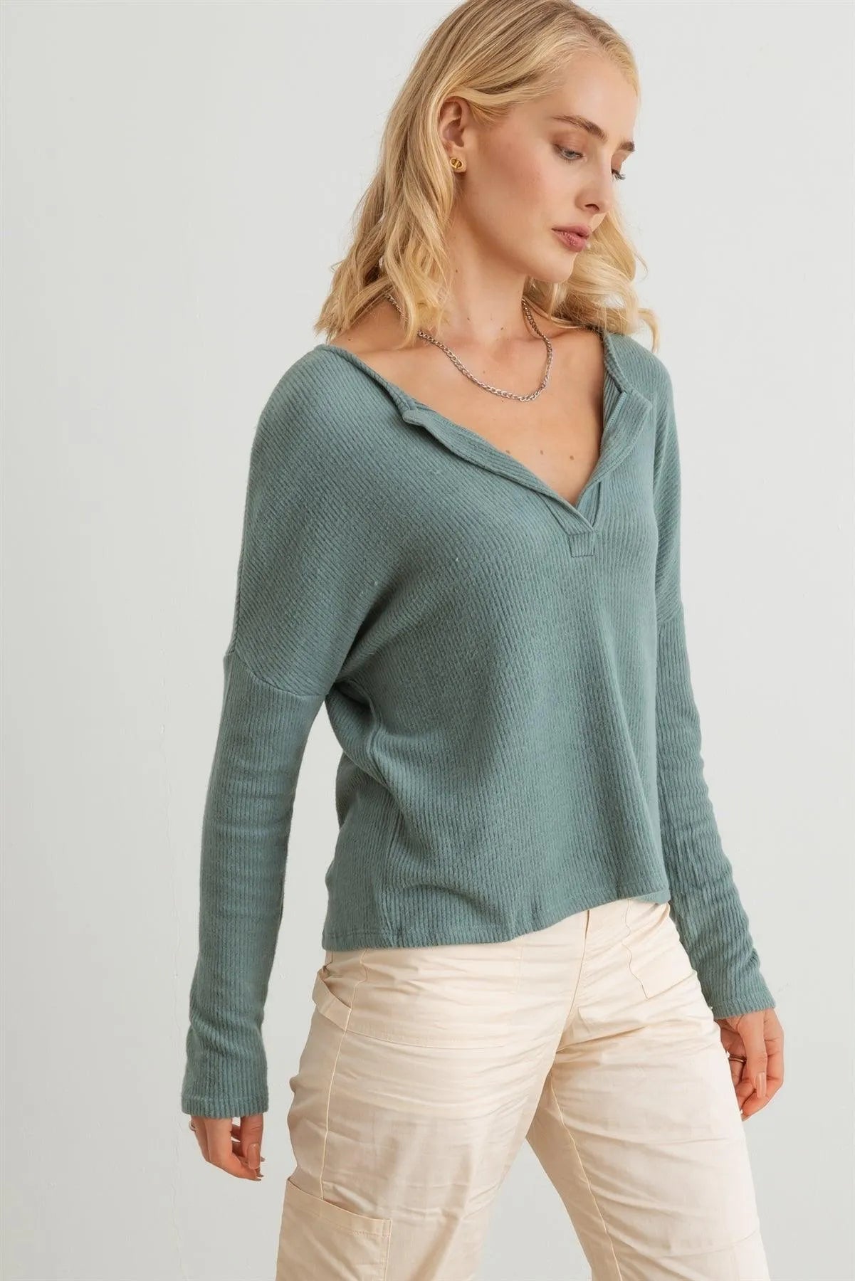 Ribbed Collar Neck Long Sleeve Top - Tasha Apparel Wholesale