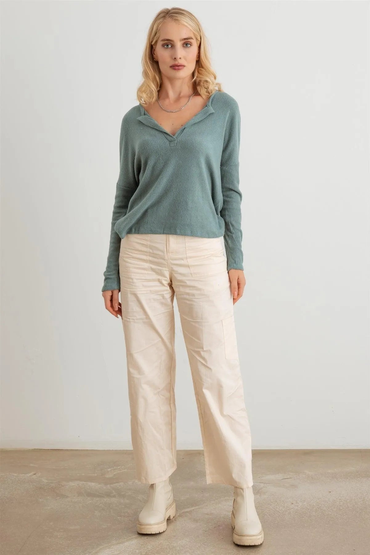 Ribbed Collar Neck Long Sleeve Top - Tasha Apparel Wholesale