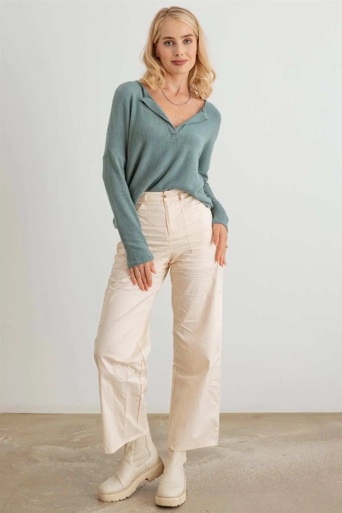 Ribbed Collar Neck Long Sleeve Top - Tasha Apparel Wholesale