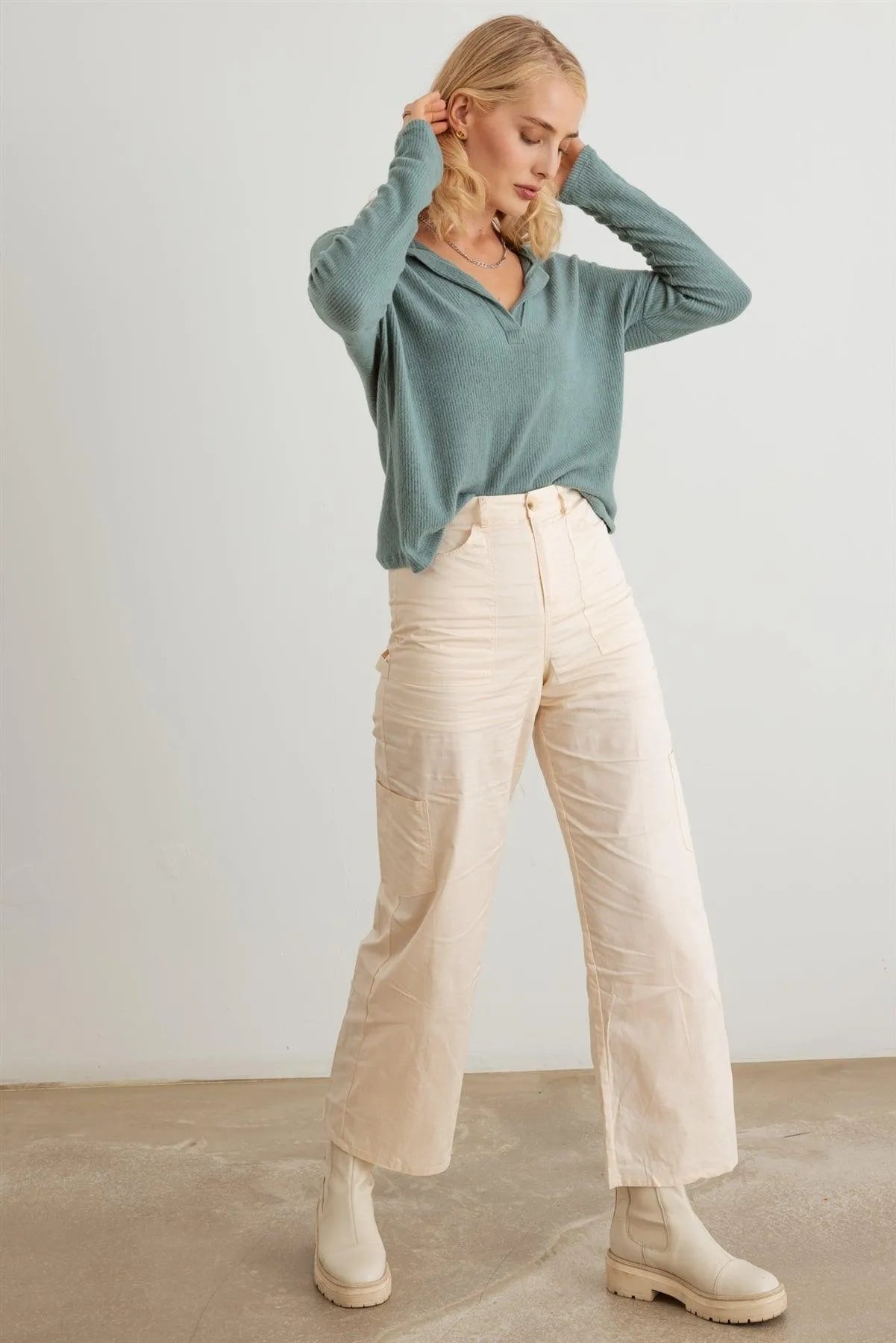 Ribbed Collar Neck Long Sleeve Top - Tasha Apparel Wholesale