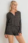 Striped V-Neck Long Sleeve Top & High Waist Shorts Set - Tasha Apparel Wholesale