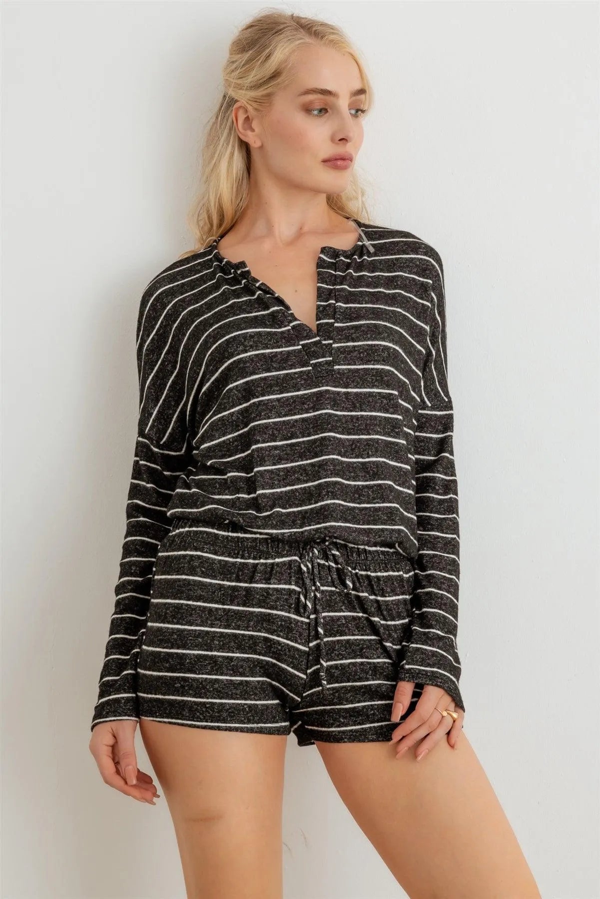 Striped V-Neck Long Sleeve Top & High Waist Shorts Set - Tasha Apparel Wholesale