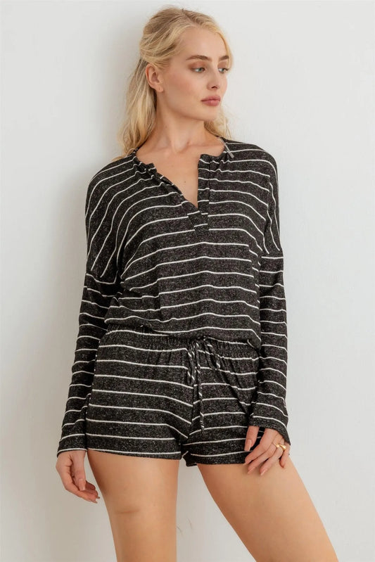 Striped V-Neck Long Sleeve Top & High Waist Shorts Set - Tasha Apparel Wholesale