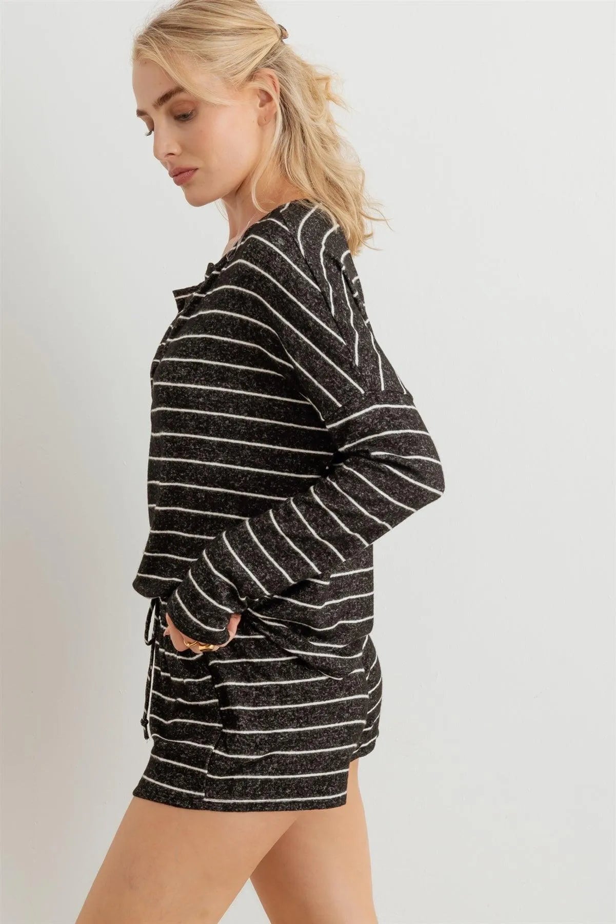 Striped V-Neck Long Sleeve Top & High Waist Shorts Set - Tasha Apparel Wholesale