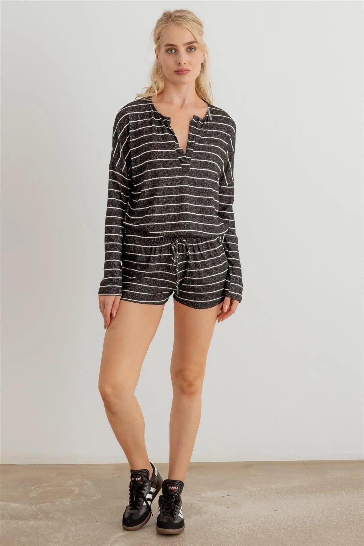 Striped V-Neck Long Sleeve Top & High Waist Shorts Set - Tasha Apparel Wholesale