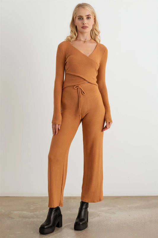 Wrap Long Sleeve Crop Top & High Waist Pants Soft To Touch Set - Tasha Apparel Wholesale