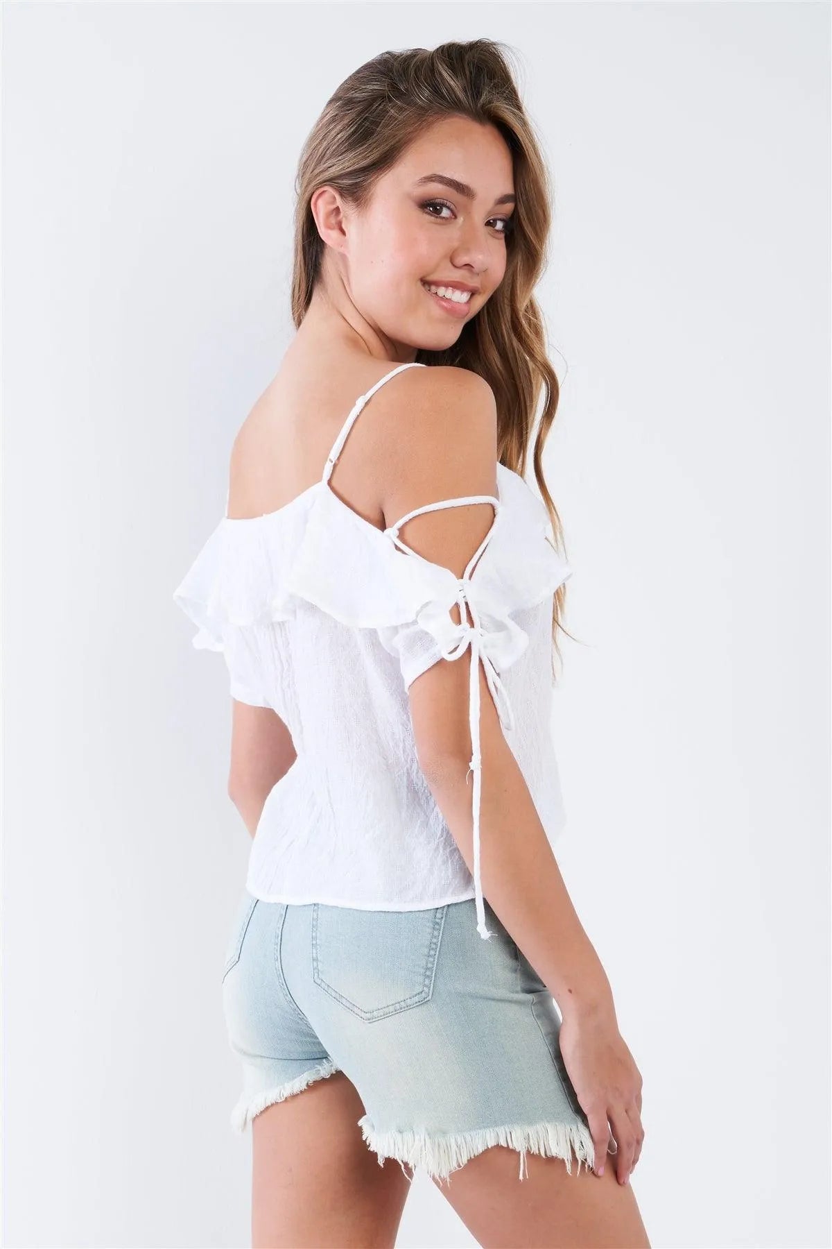 White Off The Shoulder Ruffle Tie Top /2-2-1 - Tasha Apparel Wholesale