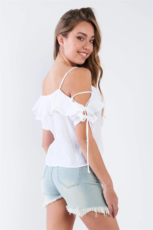 White Off The Shoulder Ruffle Tie Top /2-2-1 - Tasha Apparel Wholesale