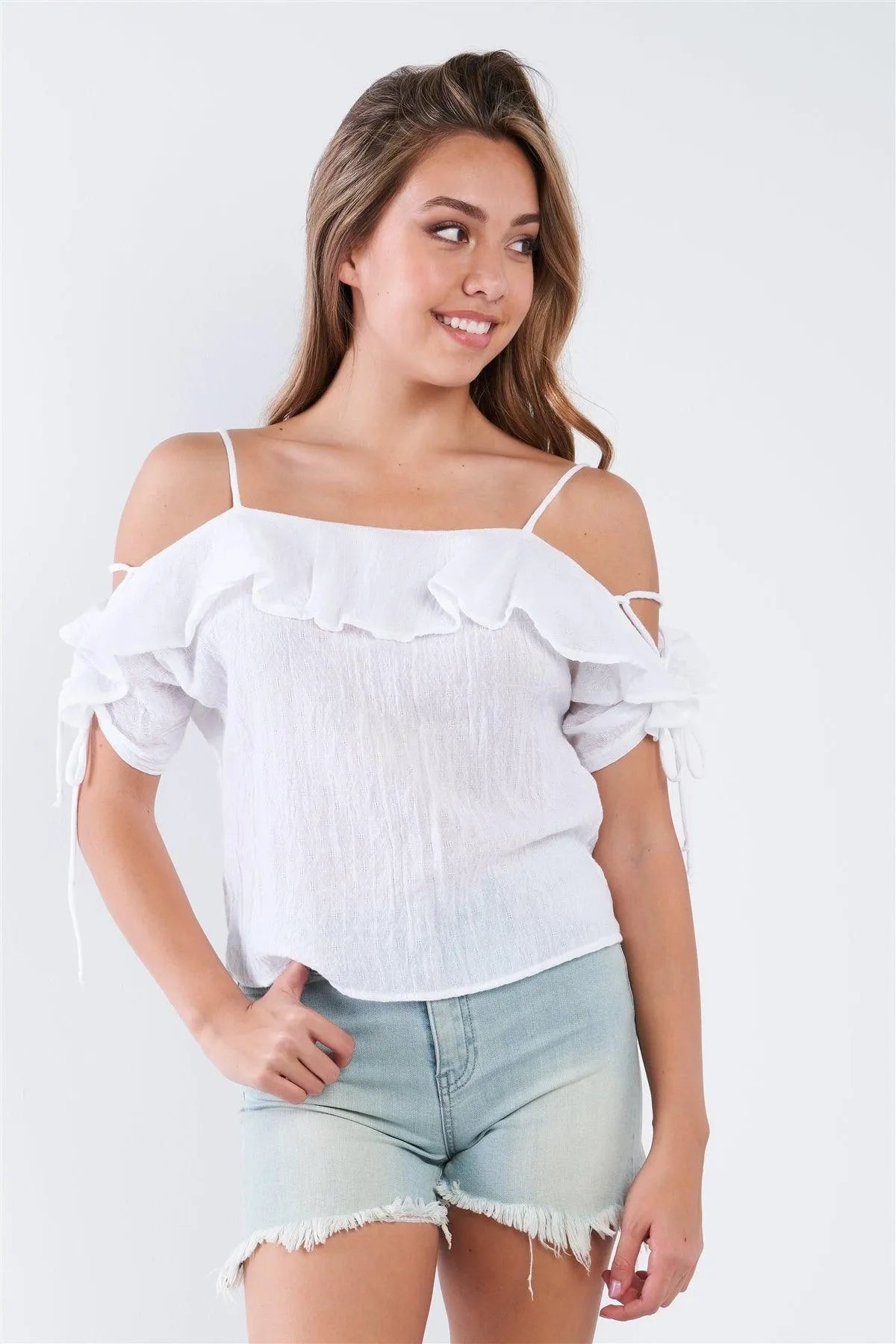 White Off The Shoulder Ruffle Tie Top /2-2-1 - Tasha Apparel Wholesale