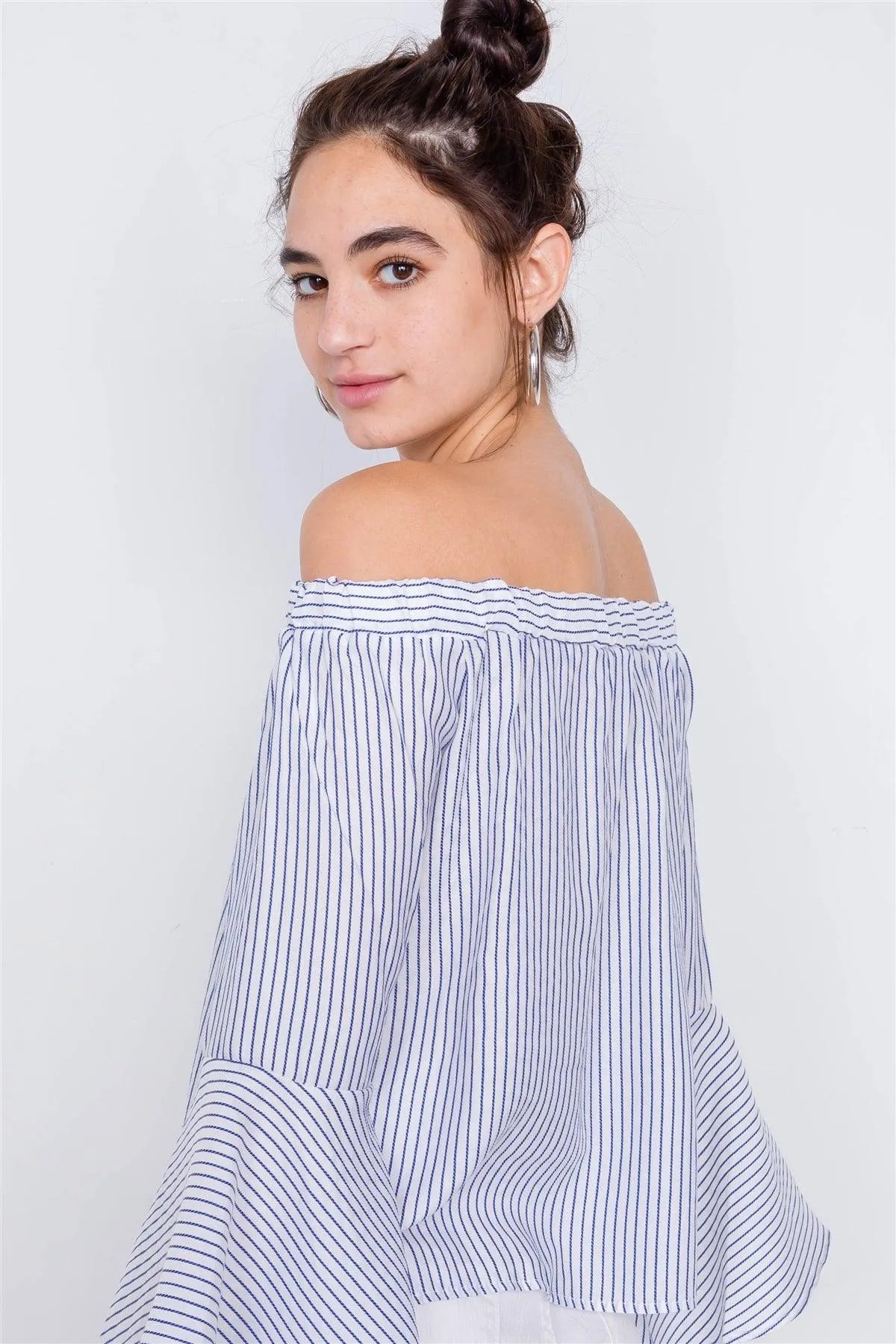 White Blue Off-The-Shoulder Belle Sleeve Chic Tencel Top /3-2-1 - Tasha Apparel Wholesale