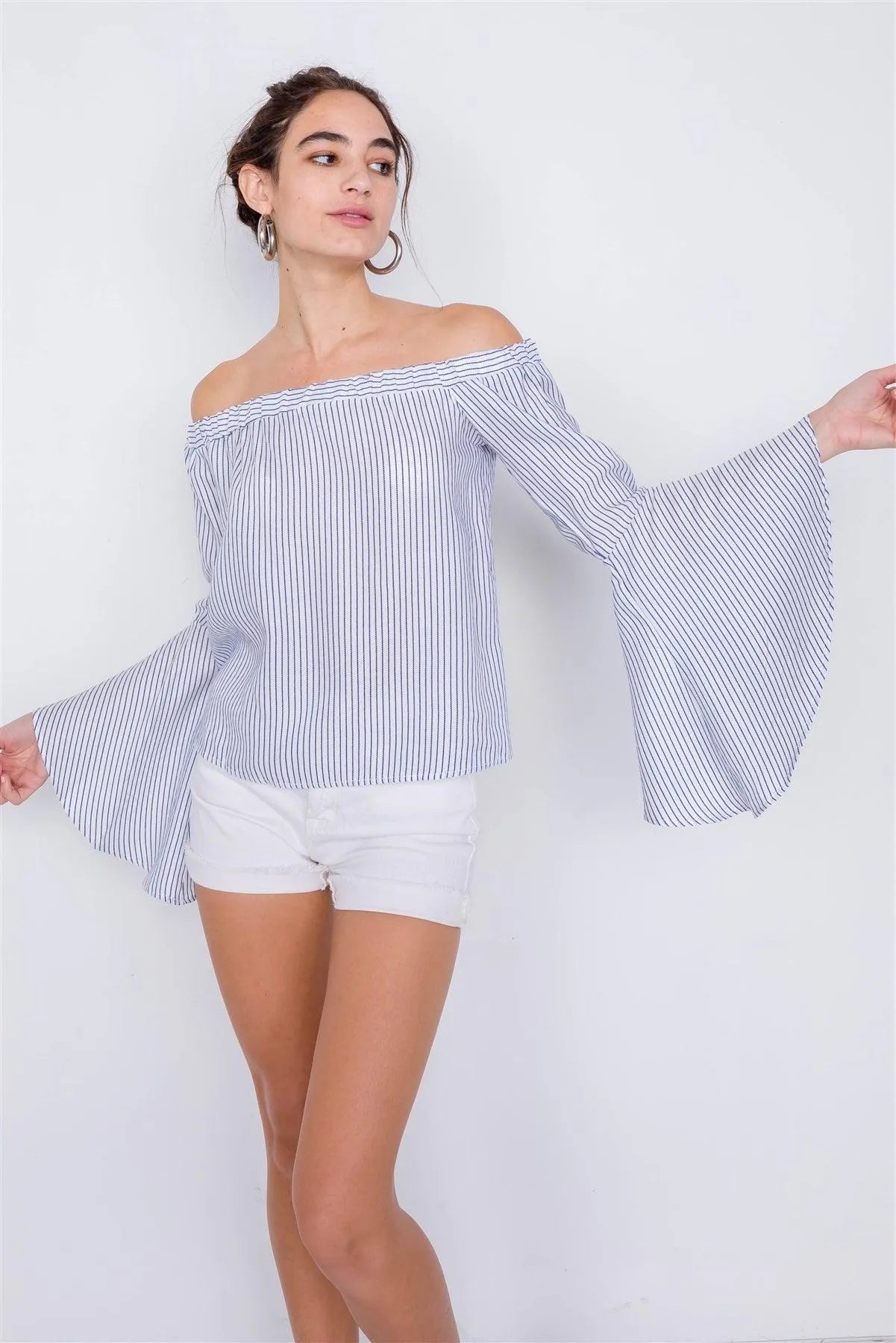 White Blue Off-The-Shoulder Belle Sleeve Chic Tencel Top /3-2-1 - Tasha Apparel Wholesale