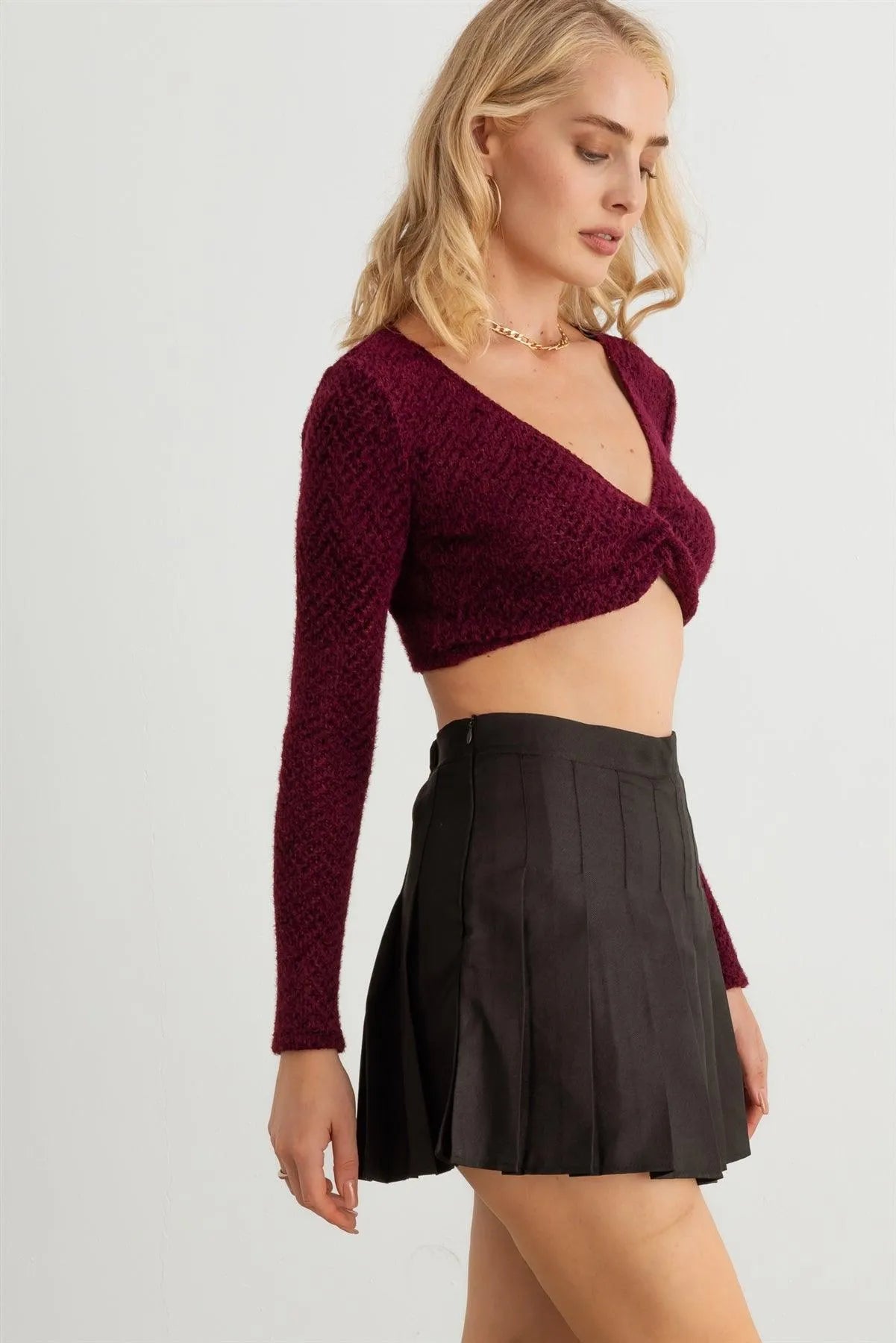 Knit Long Sleeve Twist Front Crop Top - Tasha Apparel Wholesale