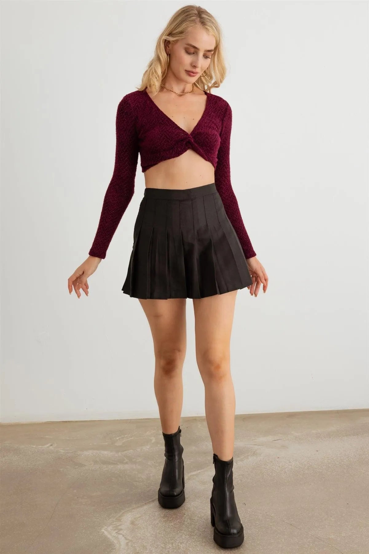 Knit Long Sleeve Twist Front Crop Top - Tasha Apparel Wholesale