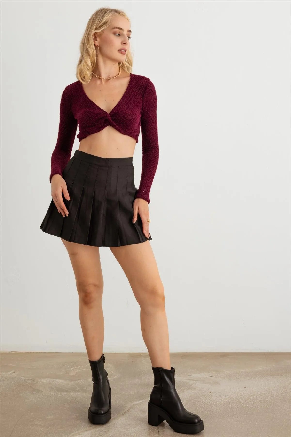 Knit Long Sleeve Twist Front Crop Top - Tasha Apparel Wholesale