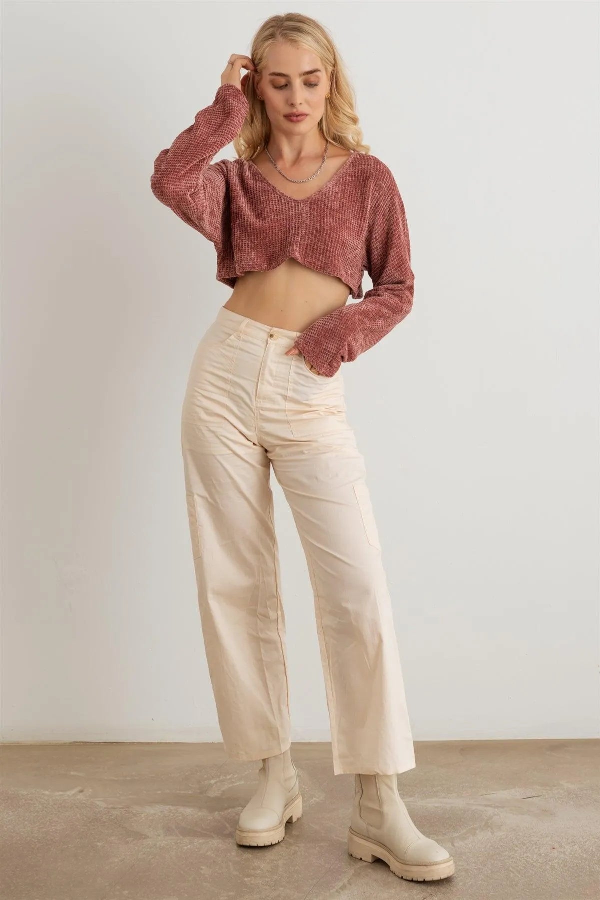 Waffle Soft Knit Long Sleeve Crop Top - Tasha Apparel Wholesale