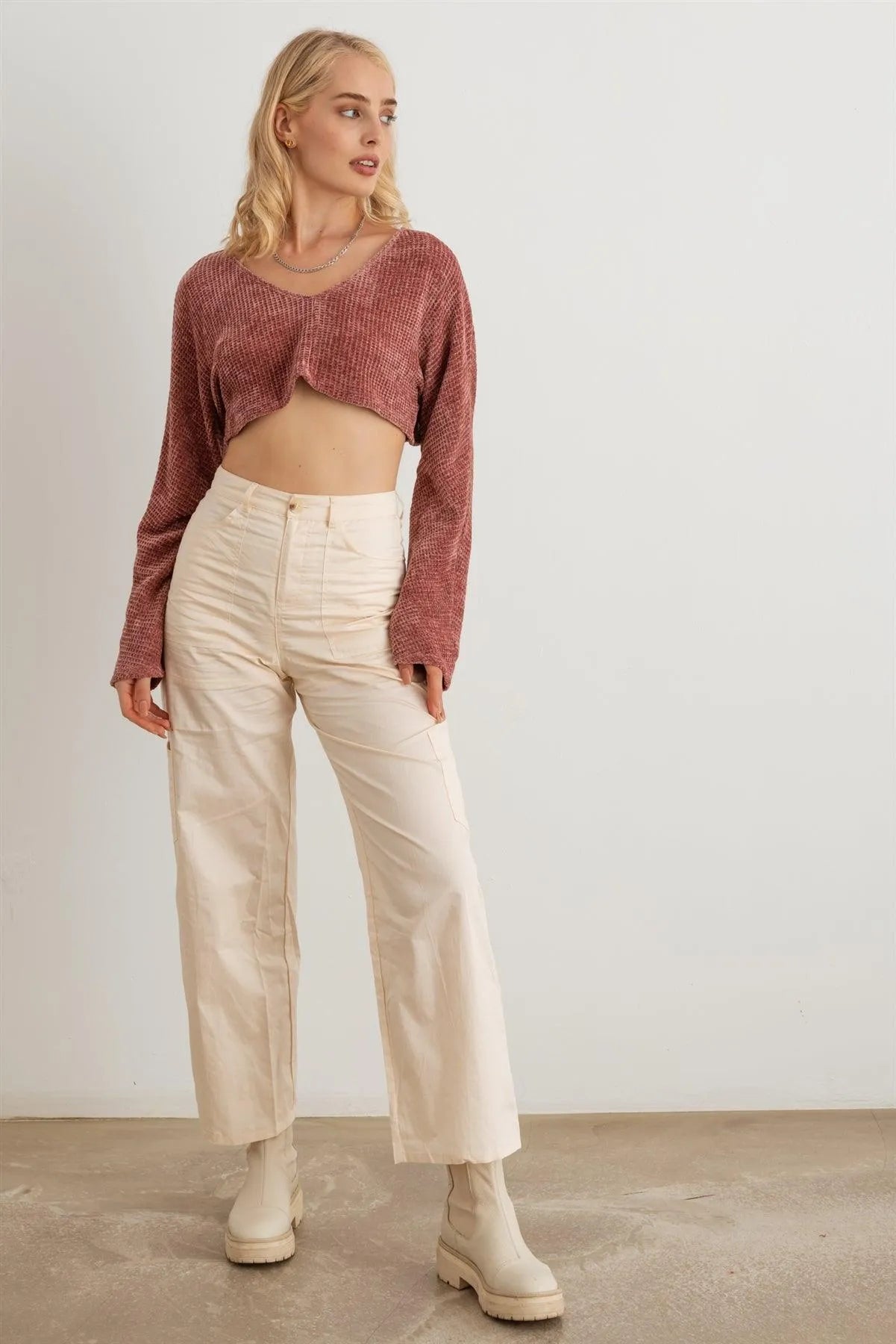 Waffle Soft Knit Long Sleeve Crop Top - Tasha Apparel Wholesale
