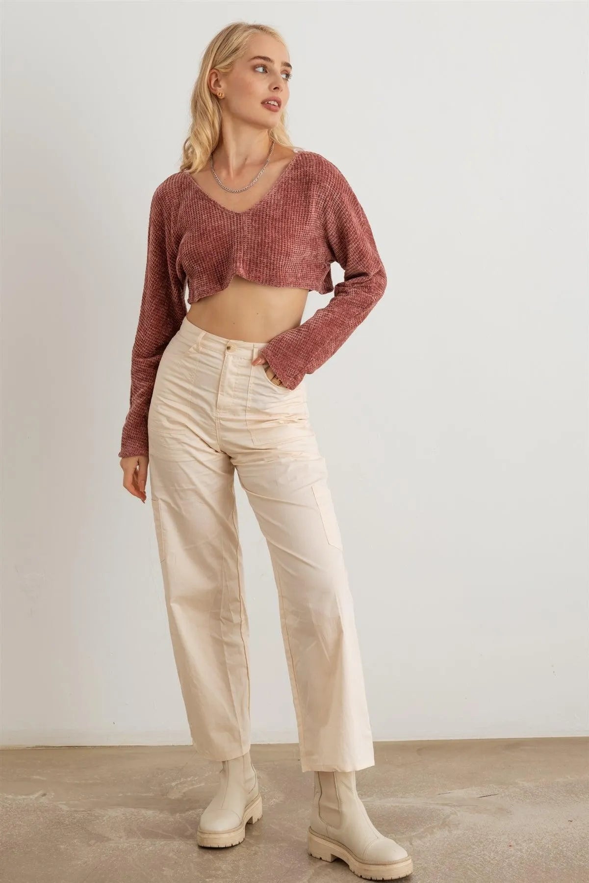 Waffle Soft Knit Long Sleeve Crop Top - Tasha Apparel Wholesale