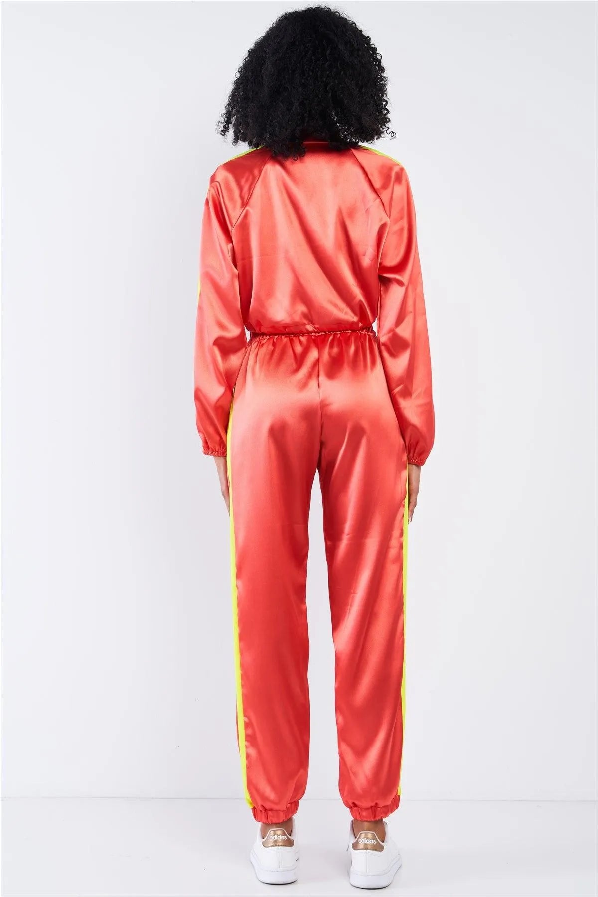 Orange Satin Neon Windbreaker Detail Crop Top Tracksuit Set /3-2-1 - Tasha Apparel Wholesale