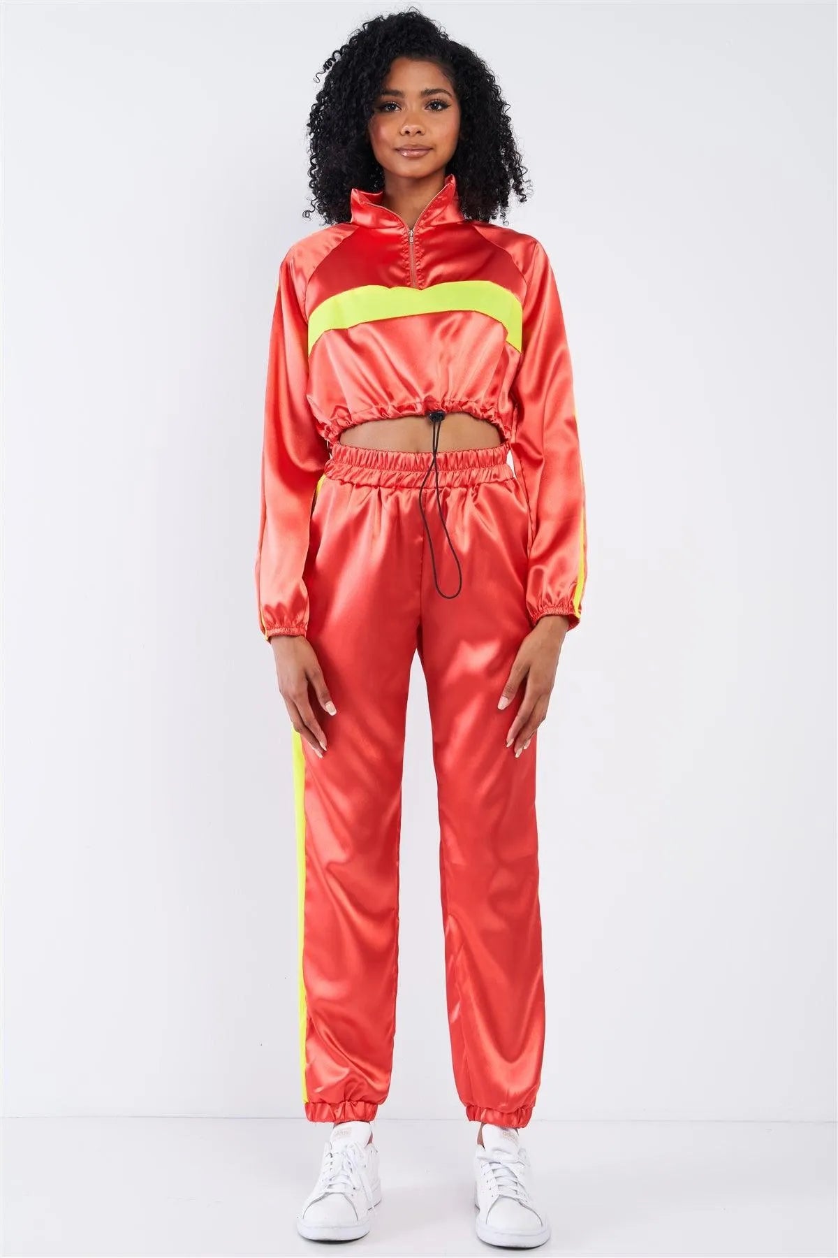 Orange Satin Neon Windbreaker Detail Crop Top Tracksuit Set /3-2-1 - Tasha Apparel Wholesale