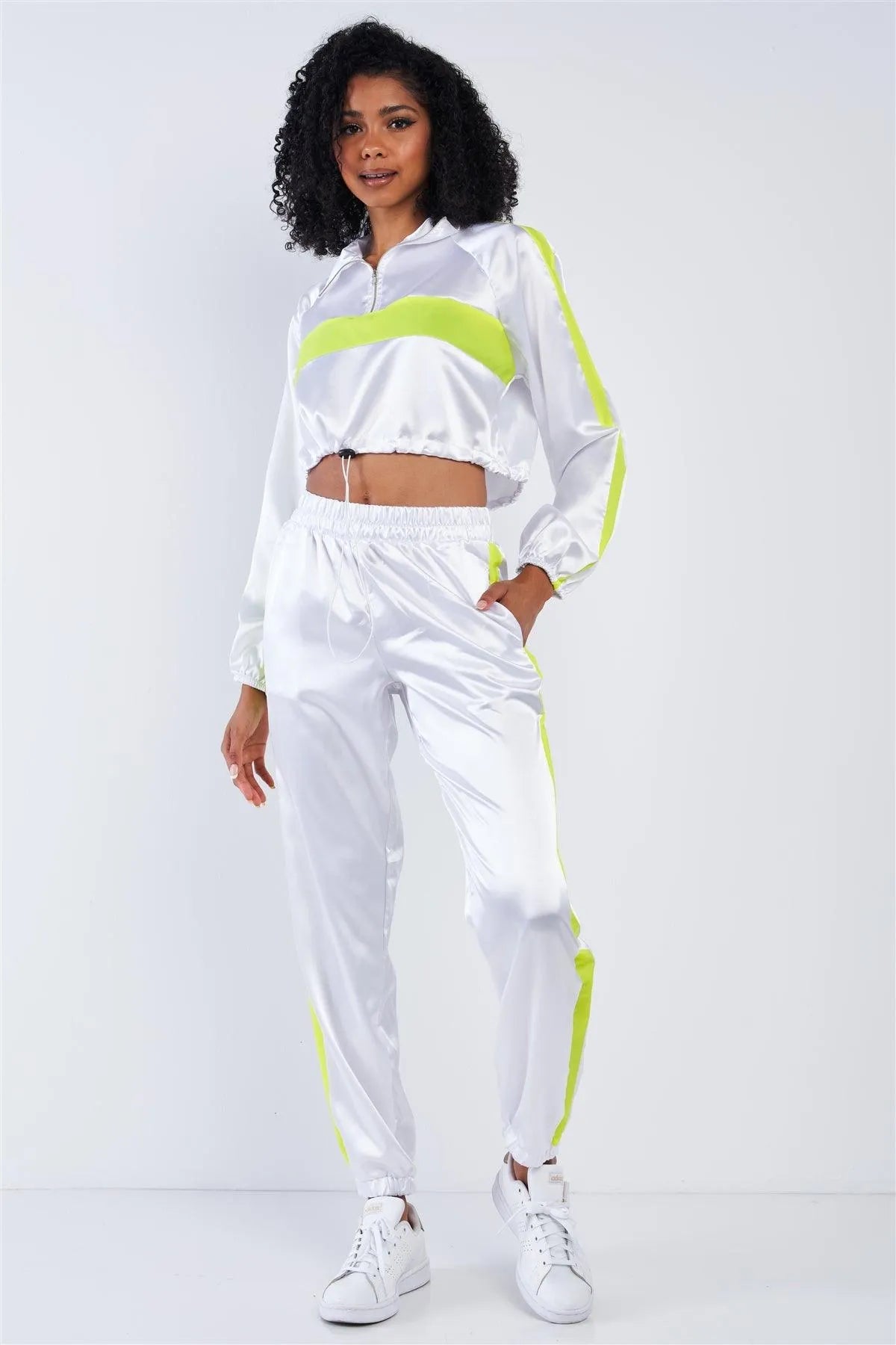 Pearl Ivory Satin Neon Windbreaker Detail Crop Top Tracksuit Set /3-2-1 - Tasha Apparel Wholesale