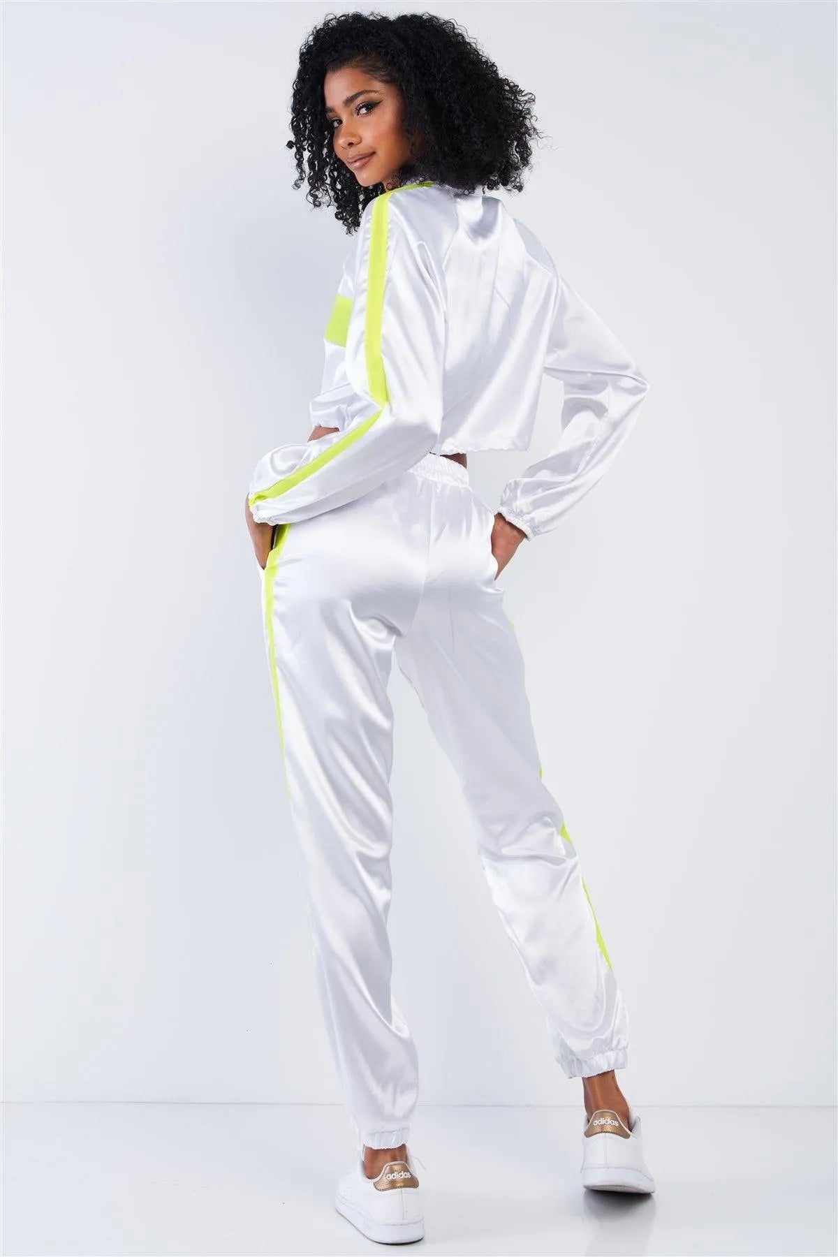 Pearl Ivory Satin Neon Windbreaker Detail Crop Top Tracksuit Set /3-2-1 - Tasha Apparel Wholesale