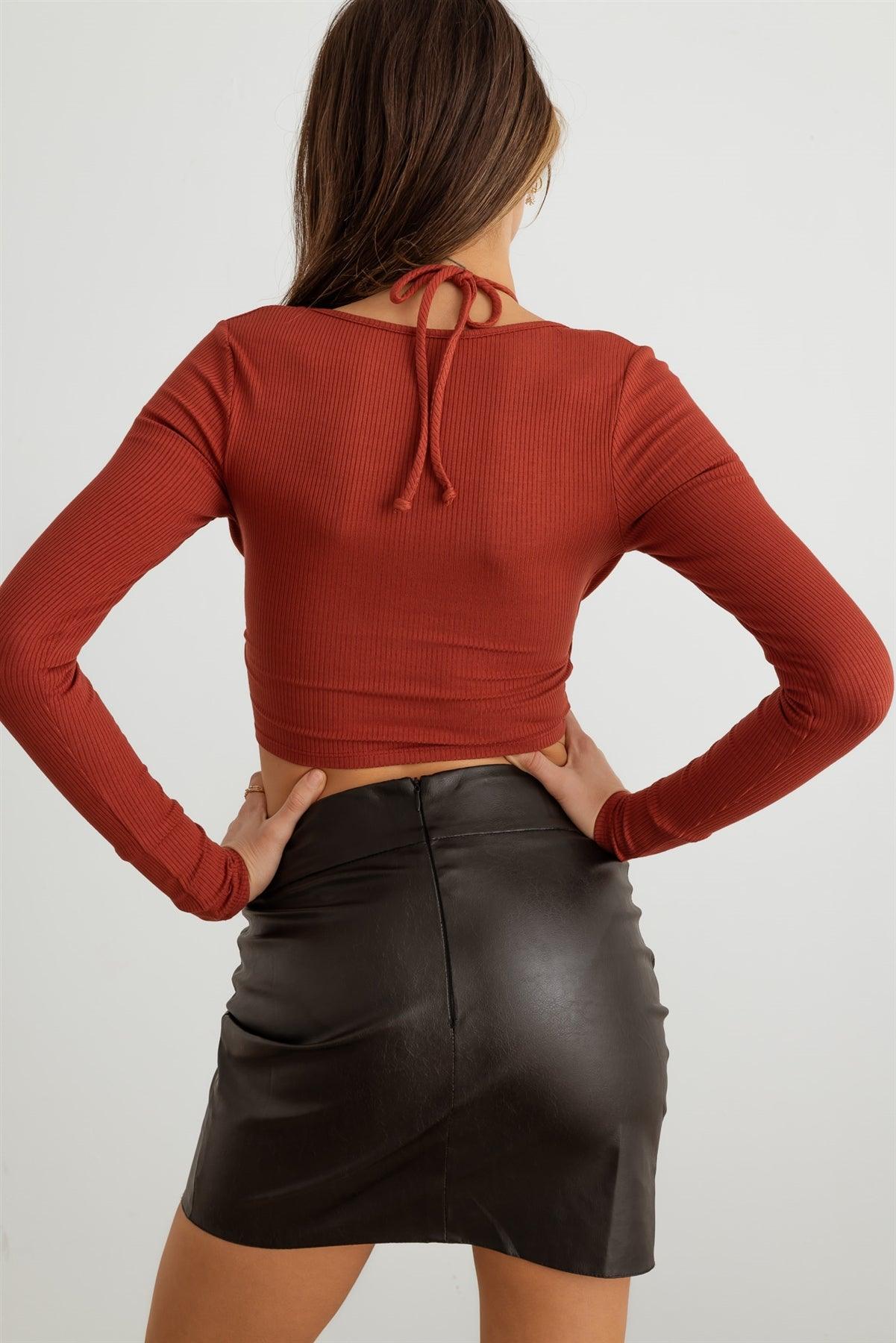 Terracotta Ribbed Bustier Cut-Out Long Sleeve Crop Top /2-2-2