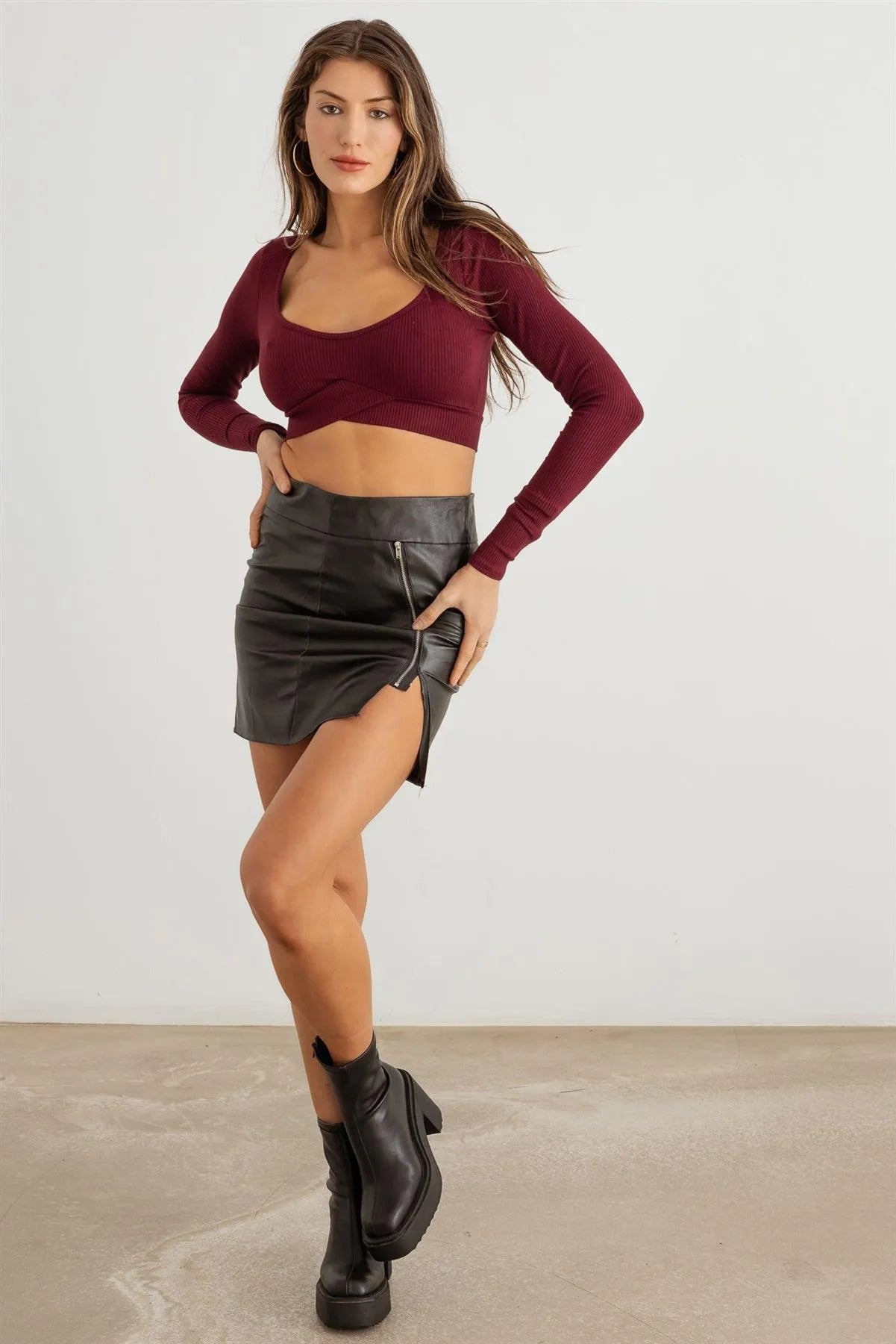 Ribbed Scoop Neck Long Sleeve Crop Top - Tasha Apparel Wholesale