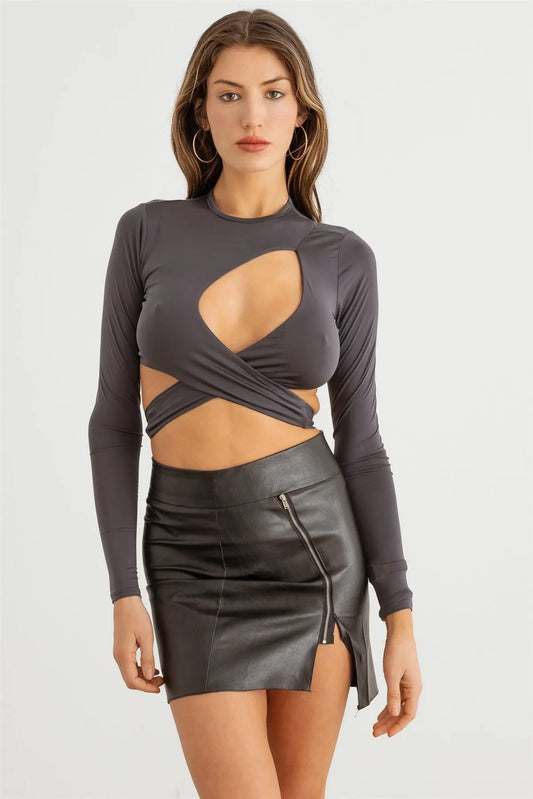 Cut-Out Self Back Tie Long Sleeve Crop Top - Tasha Apparel Wholesale