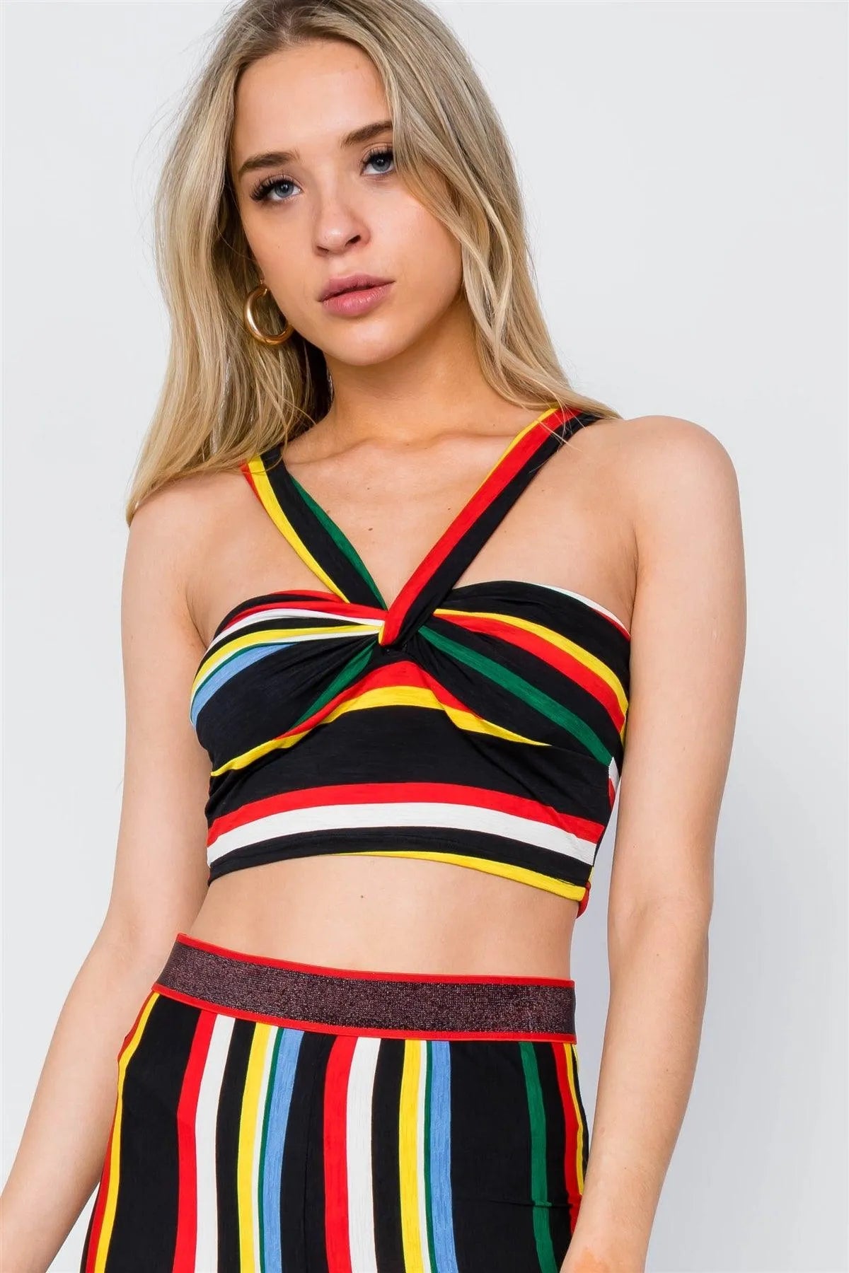 Black Multi Color Stripe Sexy Crop Top /2-2-2 - Tasha Apparel Wholesale